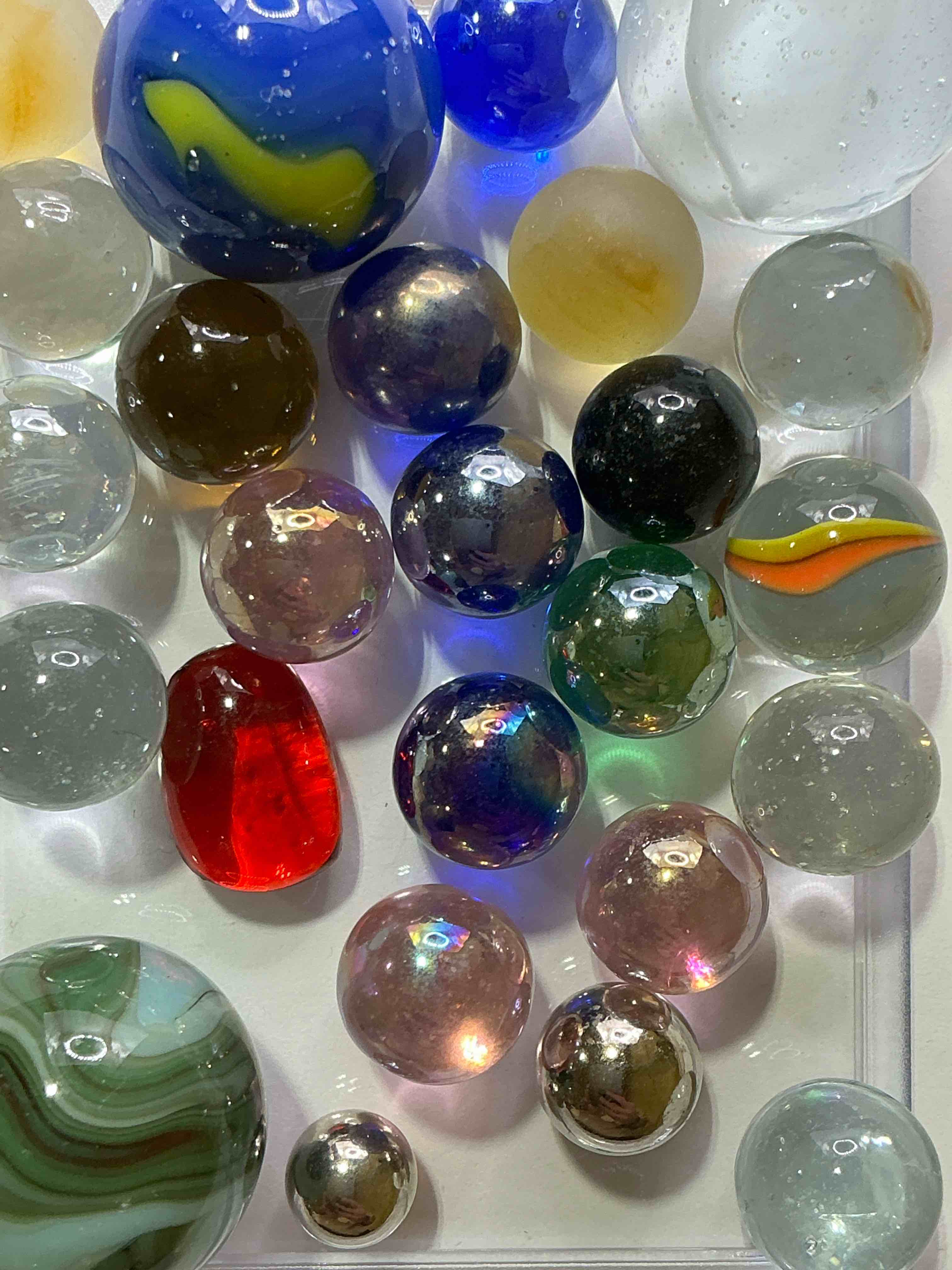 Condition photo showing New/Like New for Antique Glass Marbles! Genuine Stunning Marbles Lot, All Marbles Made Between The Years 1925-1965 & Made With Uranium! Many Are Great Depression Era & Even Earlier! Gorgeous, Authentic Pieces Of History!  
