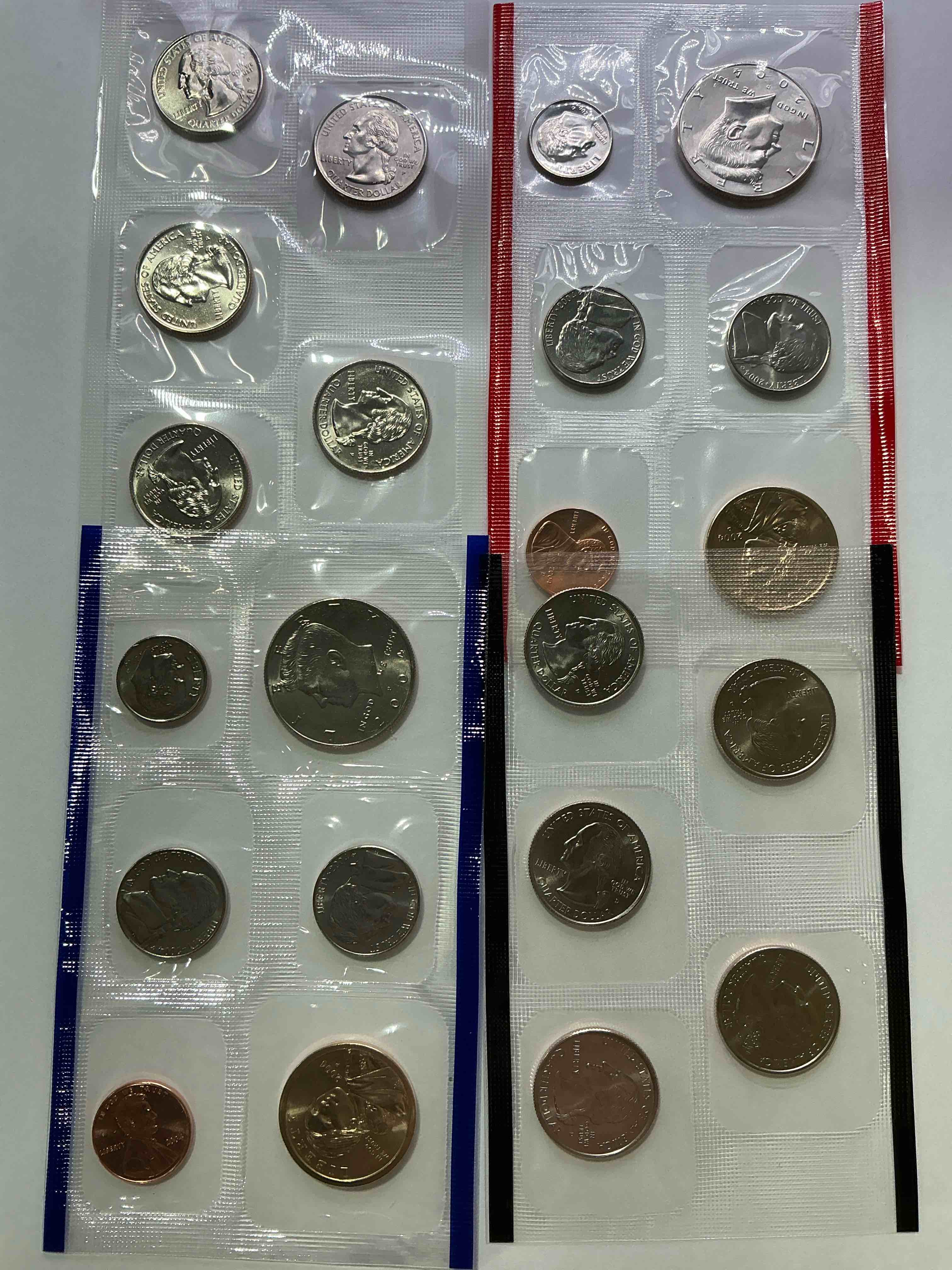 Condition photo showing New/Like New for 2004 Uncirculated Mint Coins! 22 Coin Mint Coins With State Quarters! Half Dollars, One Dollar Coins, Quarters, Nickels, Dimes & Pennies! 22 Coin Uncirculated Mint Coins! 