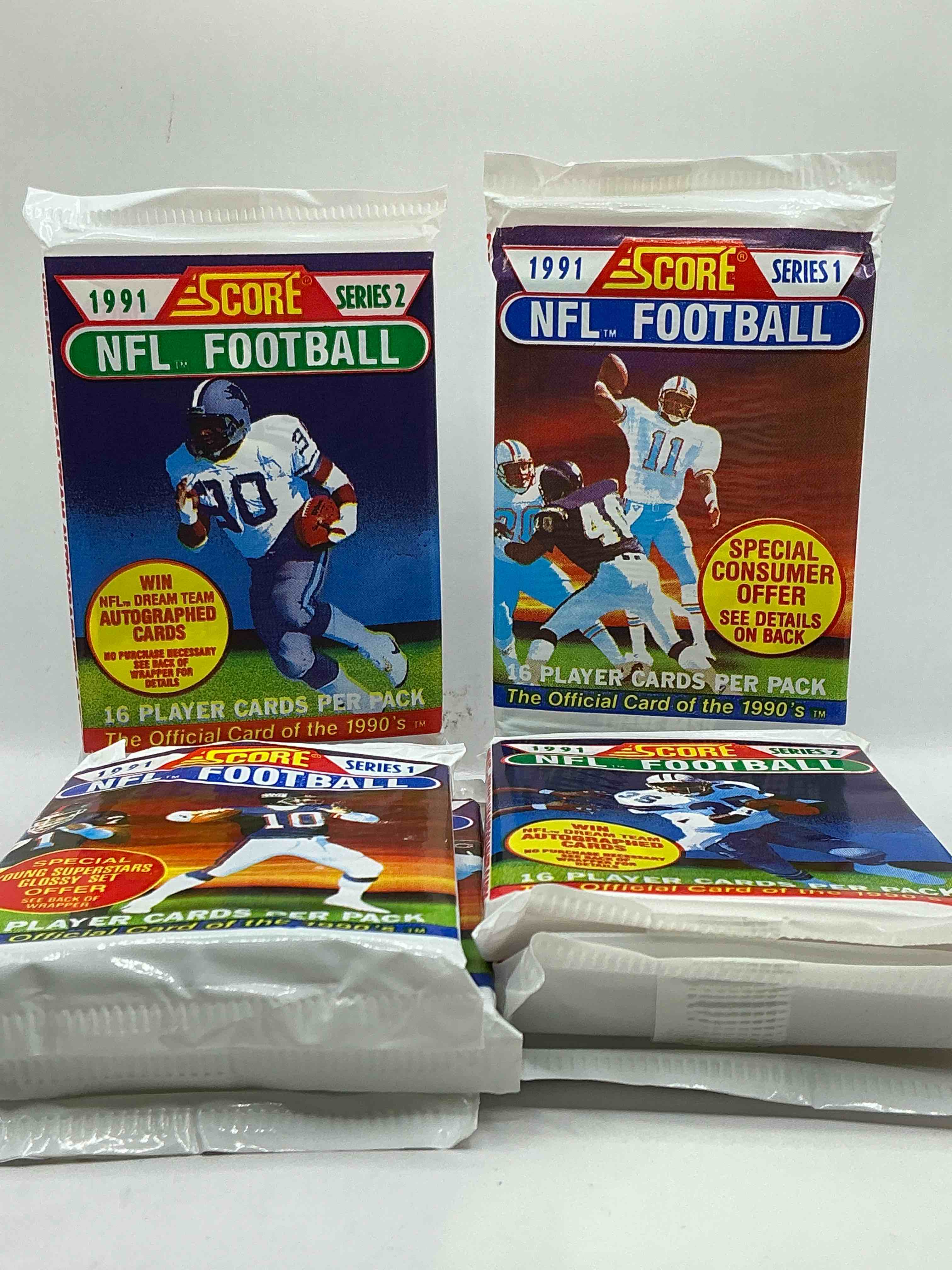 Condition photo showing New/Like New for 1991 NFL Score Football Sealed Card Pack, Direct From Original Retail Case! These Cards Are Sought After By Collectors For Their Awesome, Nostalgic Look. Search For Brett Favre Rookie, Early Jerry Rice, Early Emmit Smith, Joe Montana & So Much More!