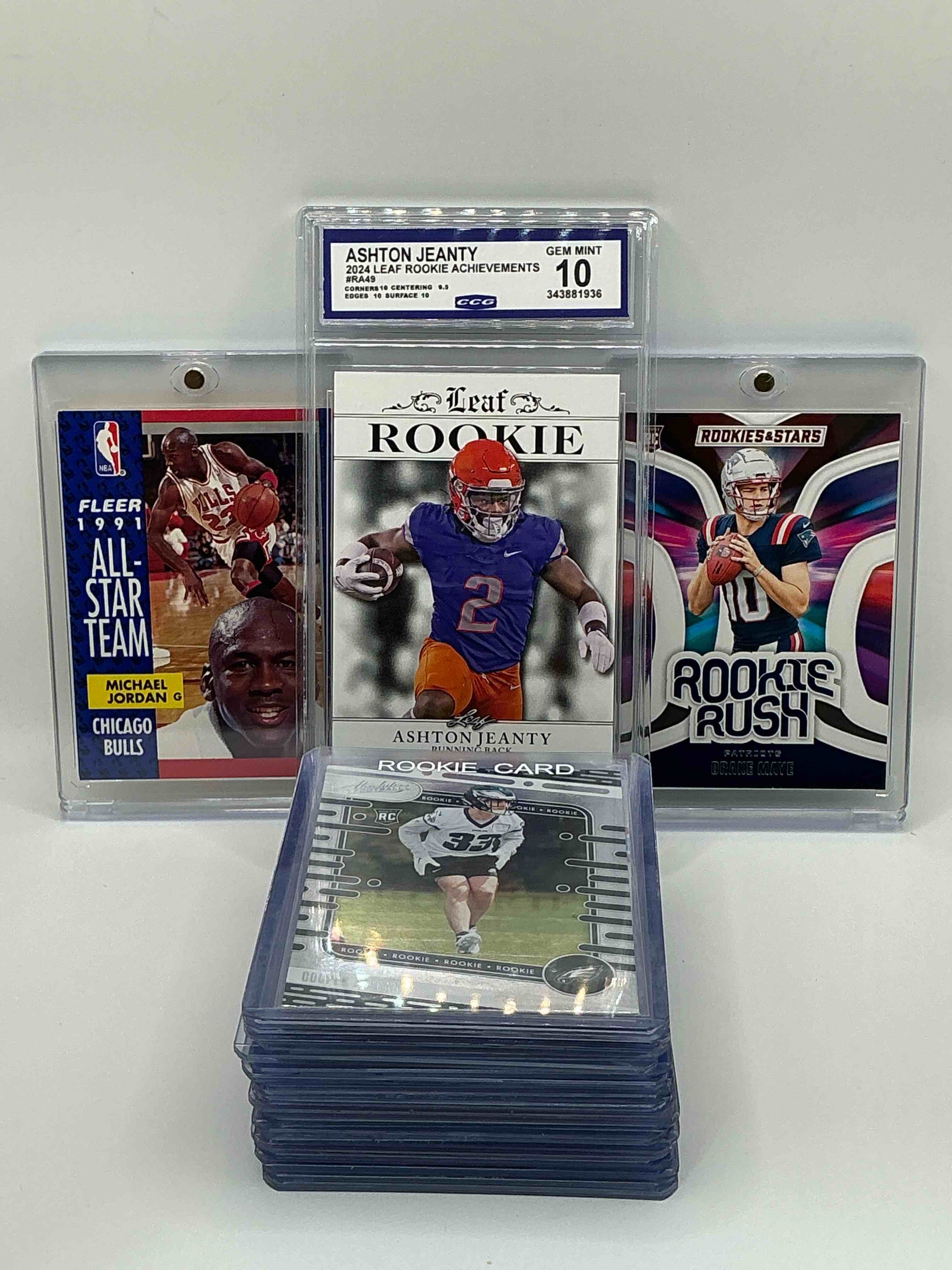 Cool Card Craziness! 2024 Leaf Gem Mint 10 Rookie Ashton Jeanty, 1991 Fleer All Star Team Michael Jordan, 2024 Rookies & Stars Rookie Rush Drake Maye! Along With 20 Other Cool Cards Including Rookies, Legends Heroes & More!