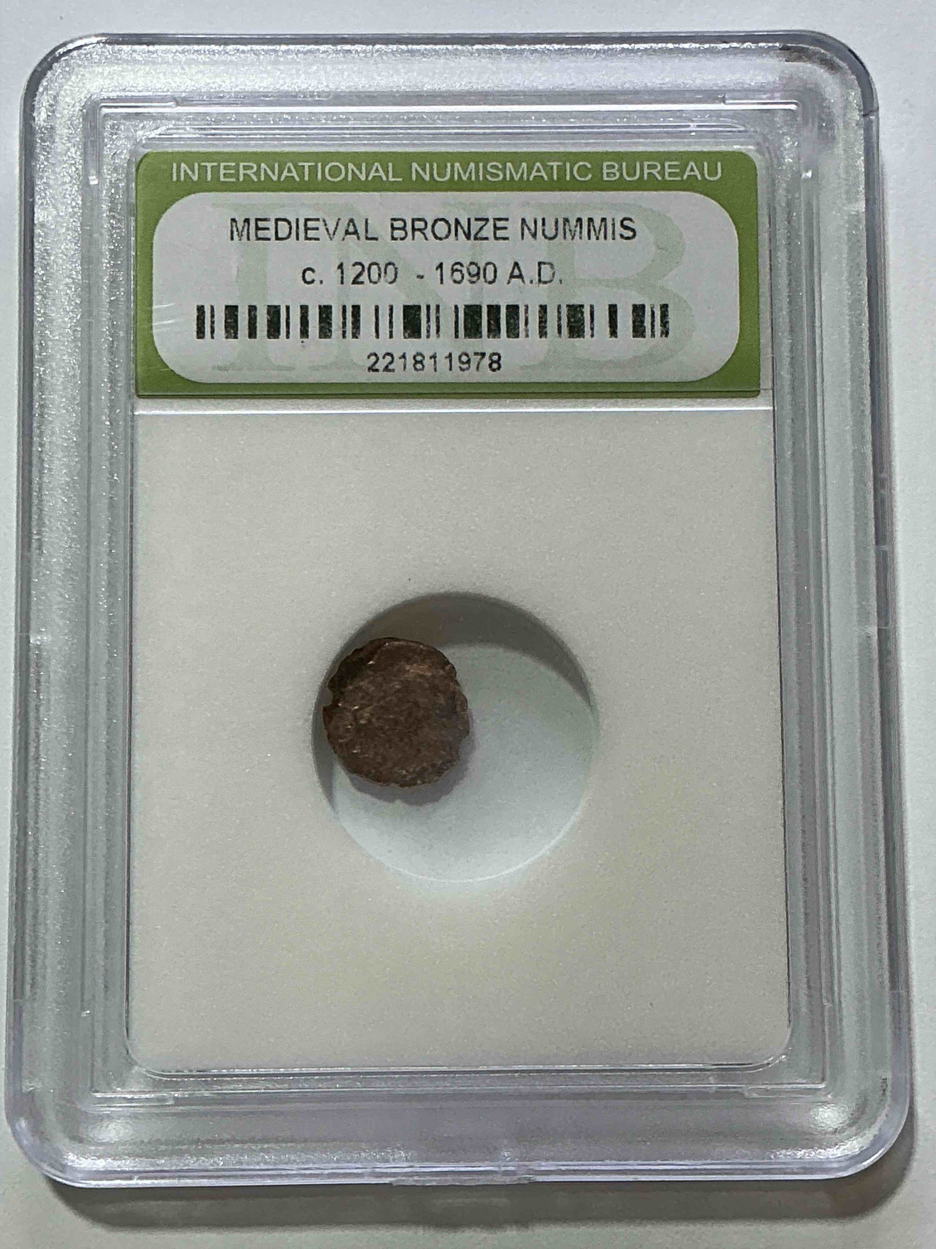 medieval bronze nummis bit, from ad 1200-1690 encased in inb case! ultra rare piece of coin history!  