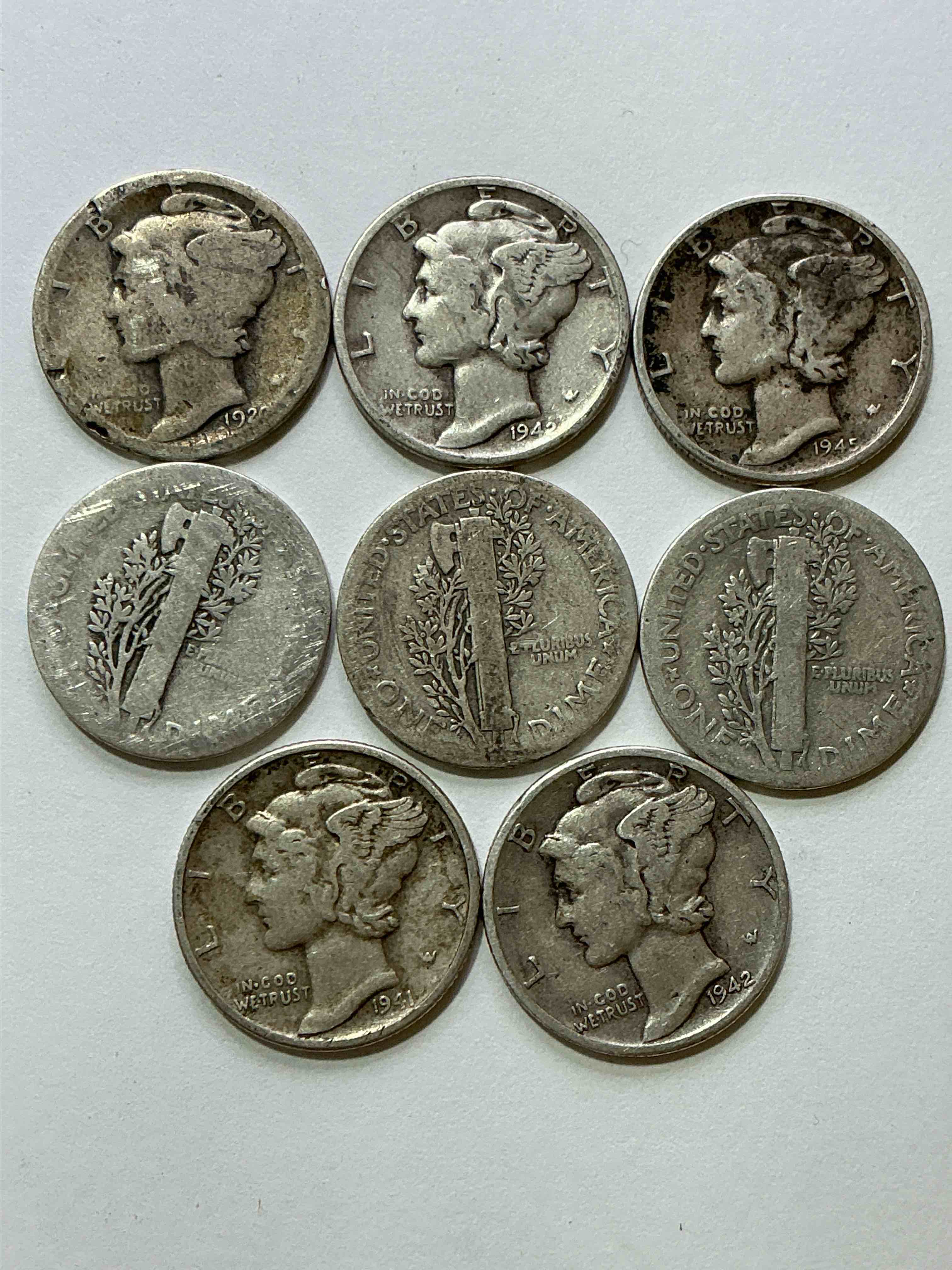 Antique U.S. Pure Fine Silver Mercury Dimes! Silver Mercury Dimes Were Minted From 1916-1945 & Have Become Serious Collector Items! Check Out These Awesome Examples, All In Nice, Circulated Condition With Visible Dates & Varying Years! Rare To Have Visible Dates! Makes For A Great Investment In Precious Metals, Mercury Dimes Are 90% Pure Fine Silver! They Don't Make Em' Like This Anymore!