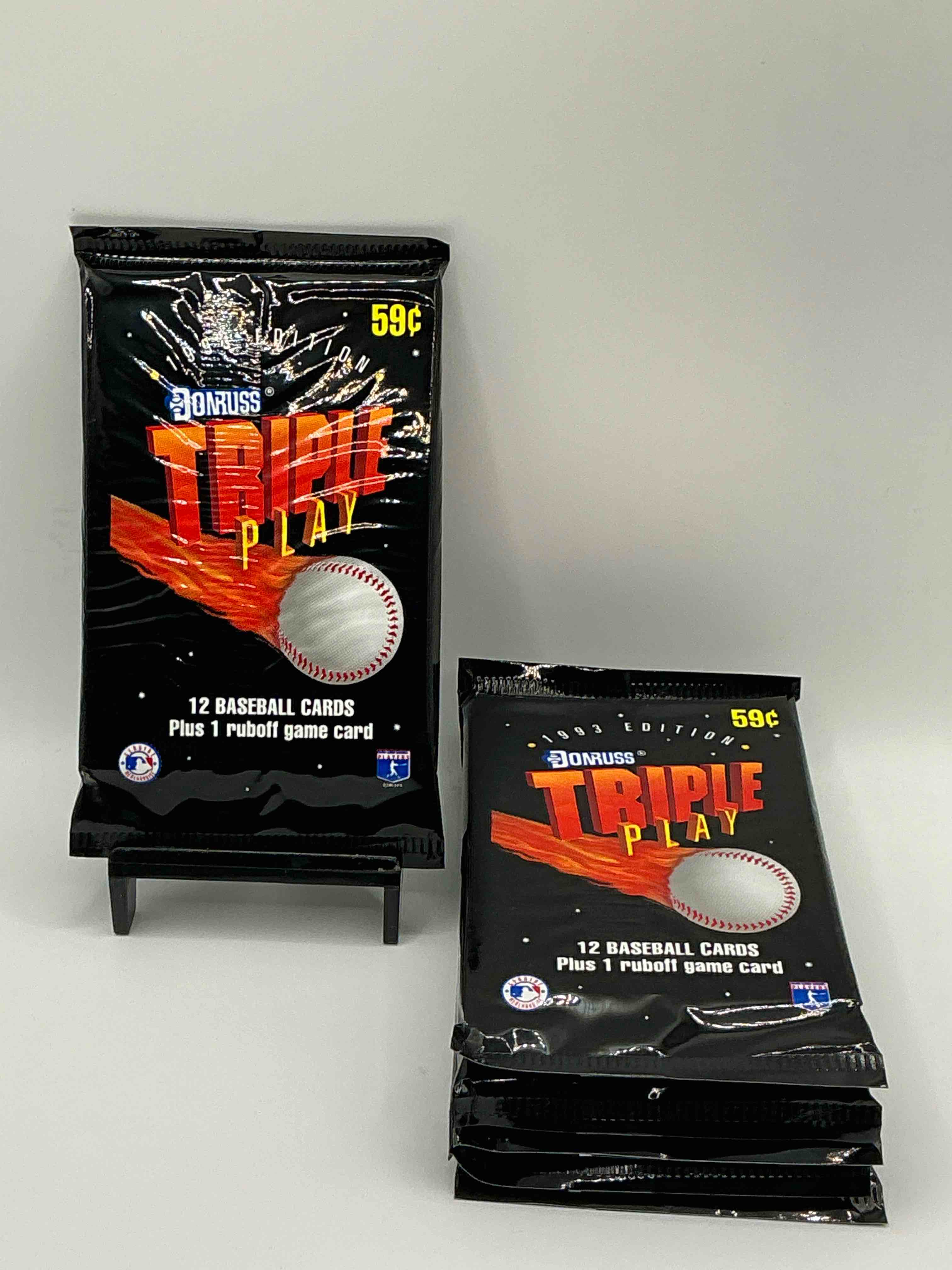 1993 donruss triple play mlb baseball 12 card packs! look for 1 ruboff game cards along with griffey jr, mcgwire, ryan & more! rare packs!