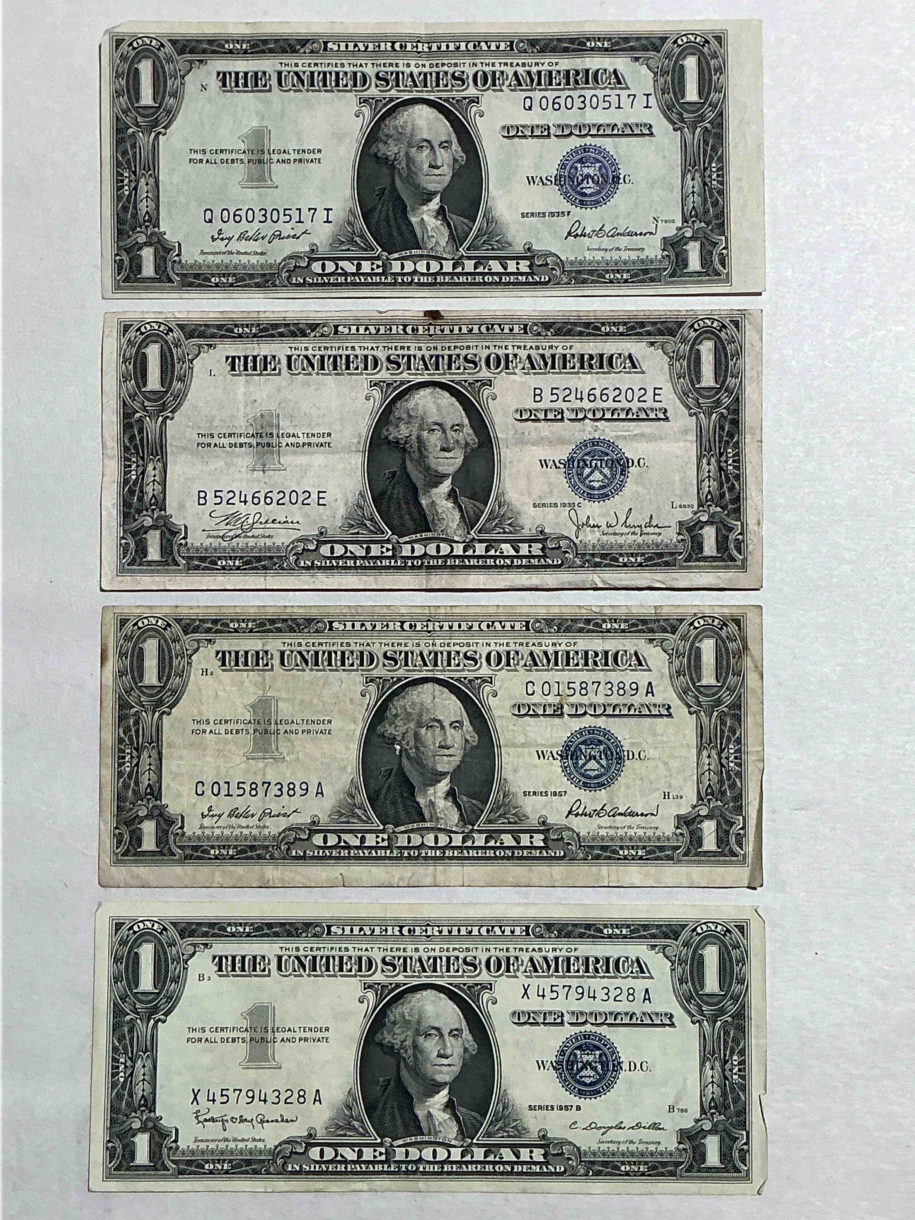 1957 & 1935 Silver Certificates! Did You Know That Prior To 1964 One Dollar U.S. Paper Money Was Actually Redeemable For Silver Dollars?! Wow How Times Have Changed! Silver Certificates Were Produced From 1878 To 1964 & Are Still Considered Legal Tender At Face Value. Here Are Gorgeous, Circulated 1935 & 1957 U.S. One Dollar Silver Certificate, With Highly Collectible "Blue Seal!* Own An Awesome Piece Of History!