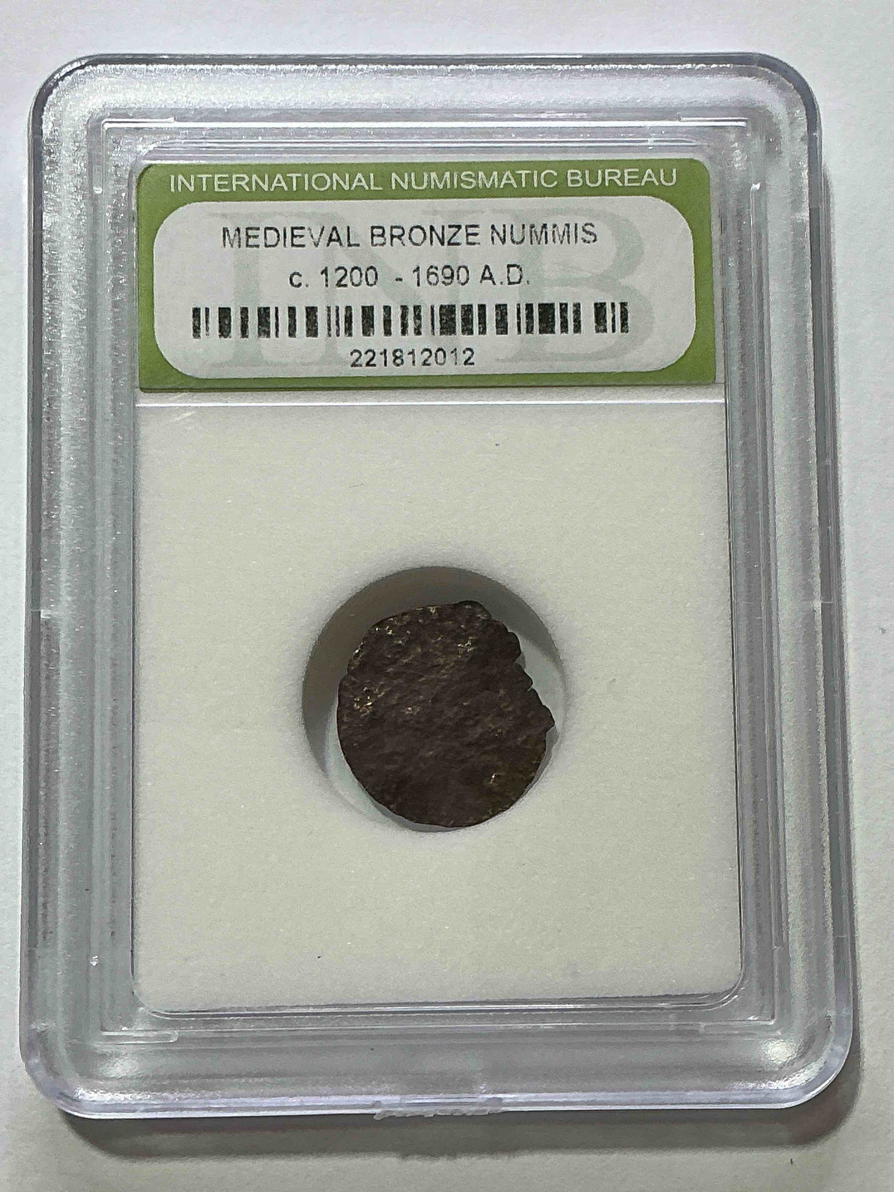 Medieval Bronze Nummis Bit, From AD 1200-1690 Encased In INB Case! Ultra Rare Piece Of Coin History!