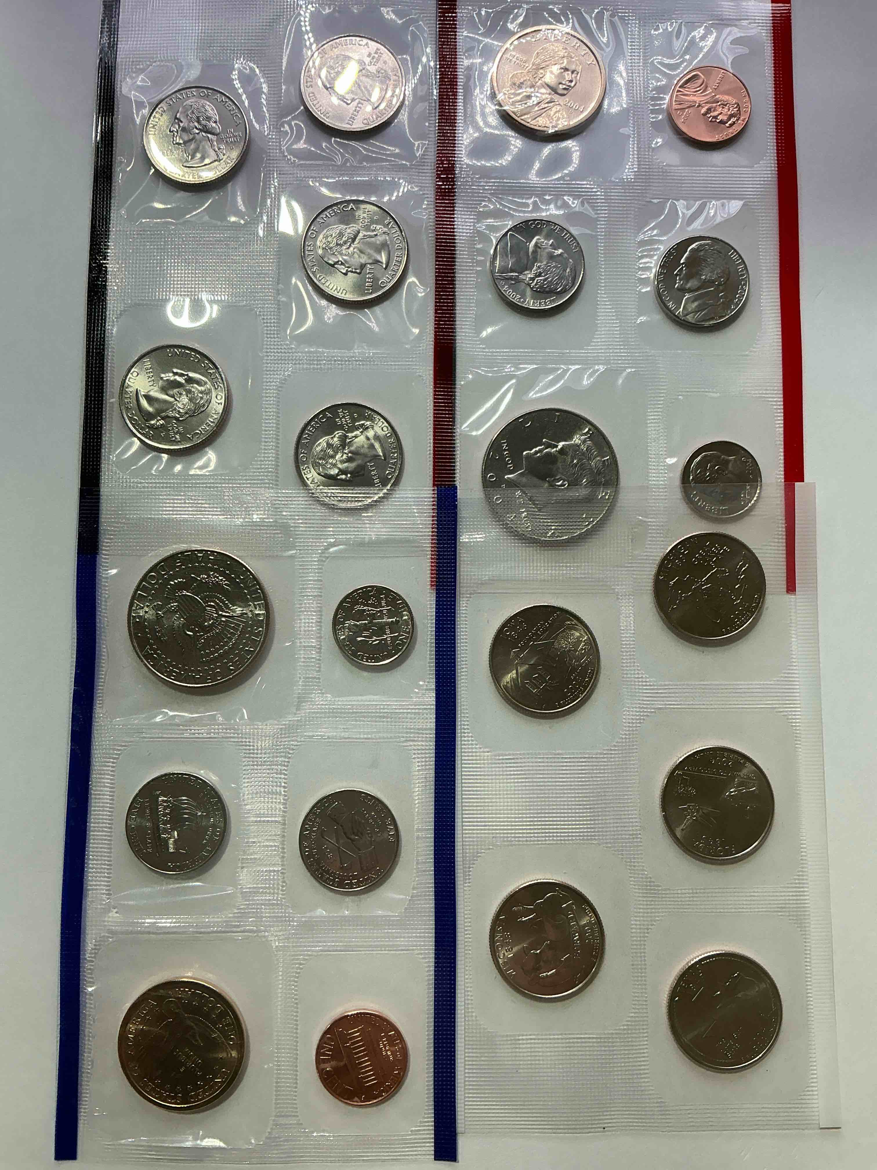 2004 Uncirculated Mint Coins! 22 Coin Mint Coins With State Quarters! Half Dollars, One Dollar Coins, Quarters, Nickels, Dimes & Pennies! 22 Coin Uncirculated Mint Coins!