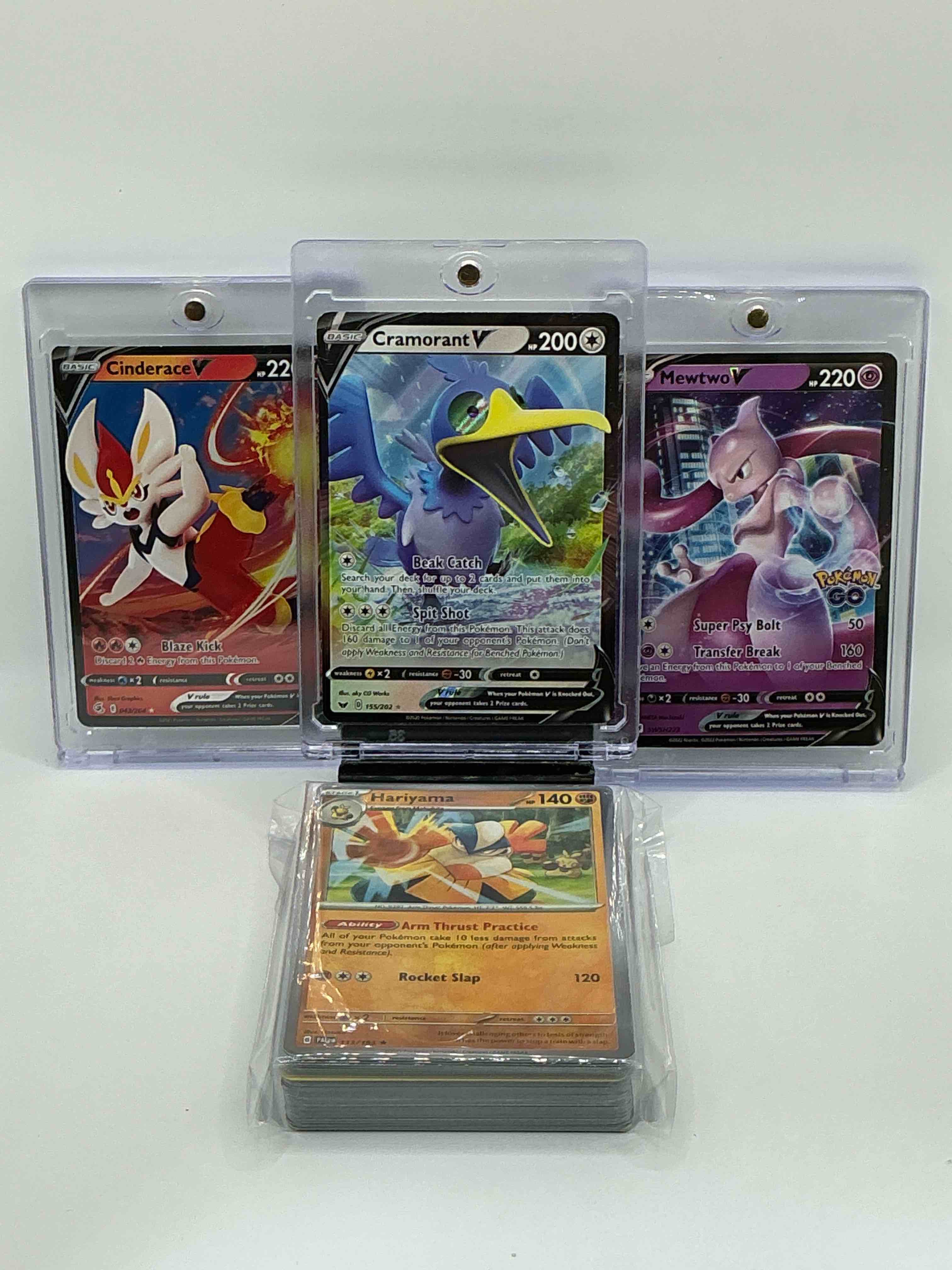 Pokémon Palooza! Black & Blue Shimmer Beak Catch Spit Shot Cramorant V! Black & Orange Shimmer Blaze Kick Cinerance V! Purple & Black Shimmer Super Psy Bolt Transfer Break Mewtwo V! Along With 50 Other Pokémon Holos, Heroes, Legends & Commons!