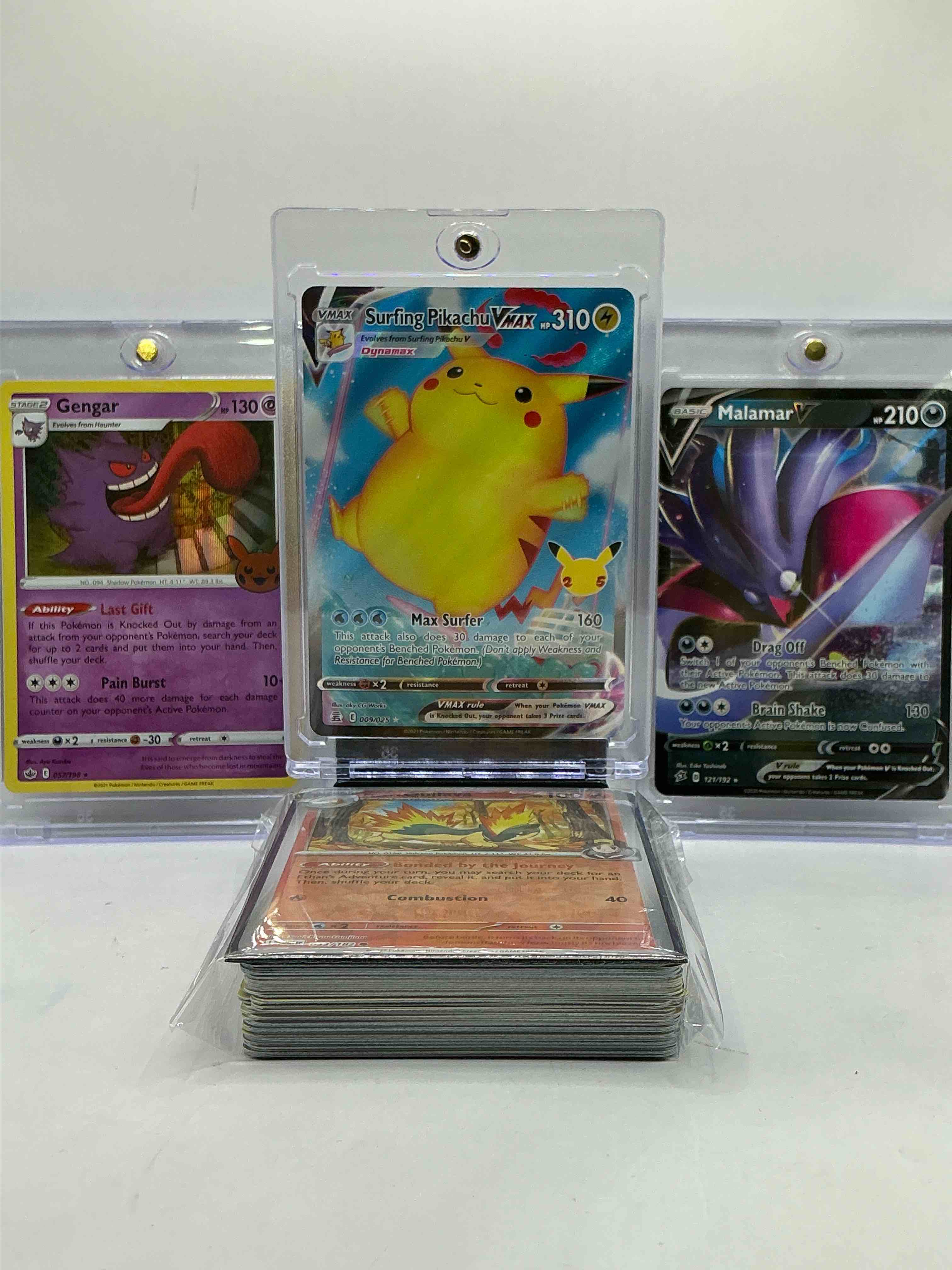 Surfing Pikachu VMAX, Gengar & Malamar V & More! WOW! Insane Trio! Pokémon Palooza! Thus 50 Card Pokémon Lot Includes Commons, Legends, Heroes & More!