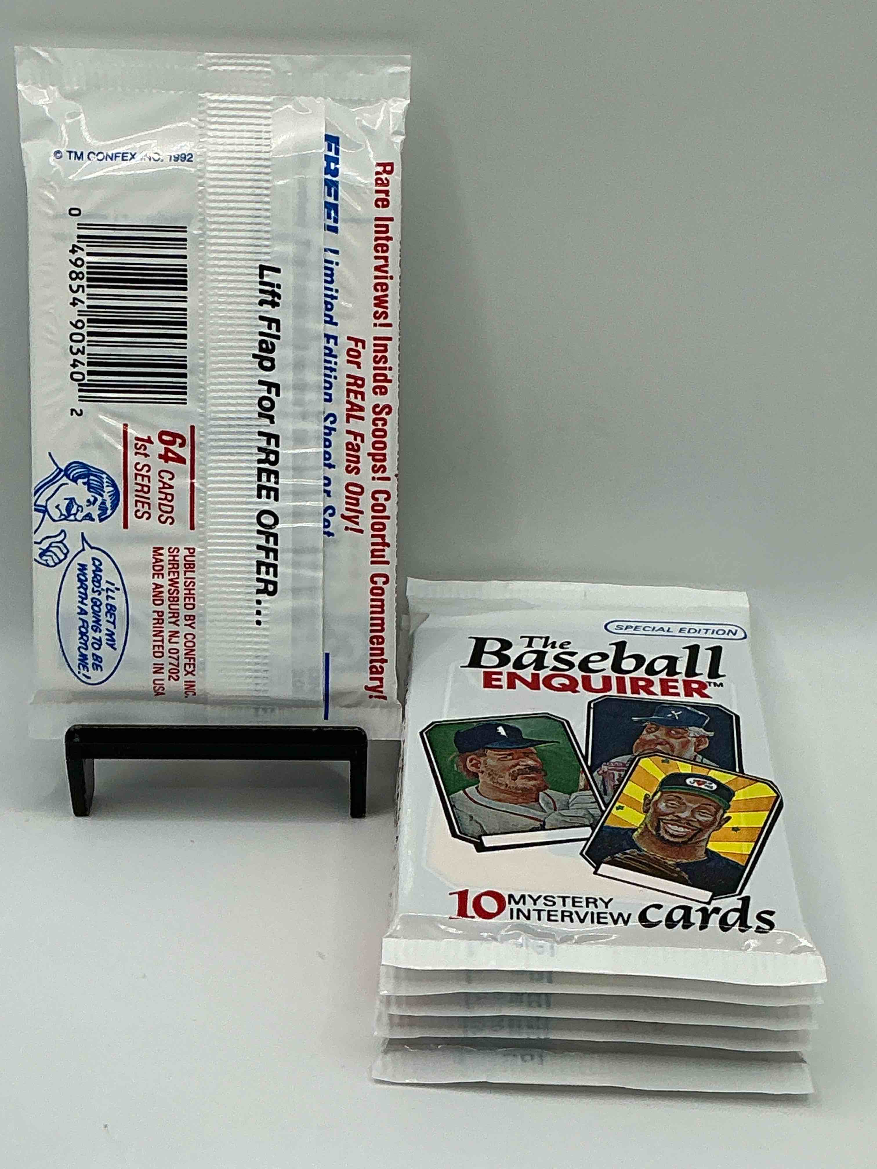 Condition photo showing New/Like New for 1992 Baseball Enquirer Mystery Cards! The Baseball Enquirer Special Edition Cards! These Cards Include Rare Interviews, Inside Scoops, Colorful Commentary & More! 10 Cards Per Pack!