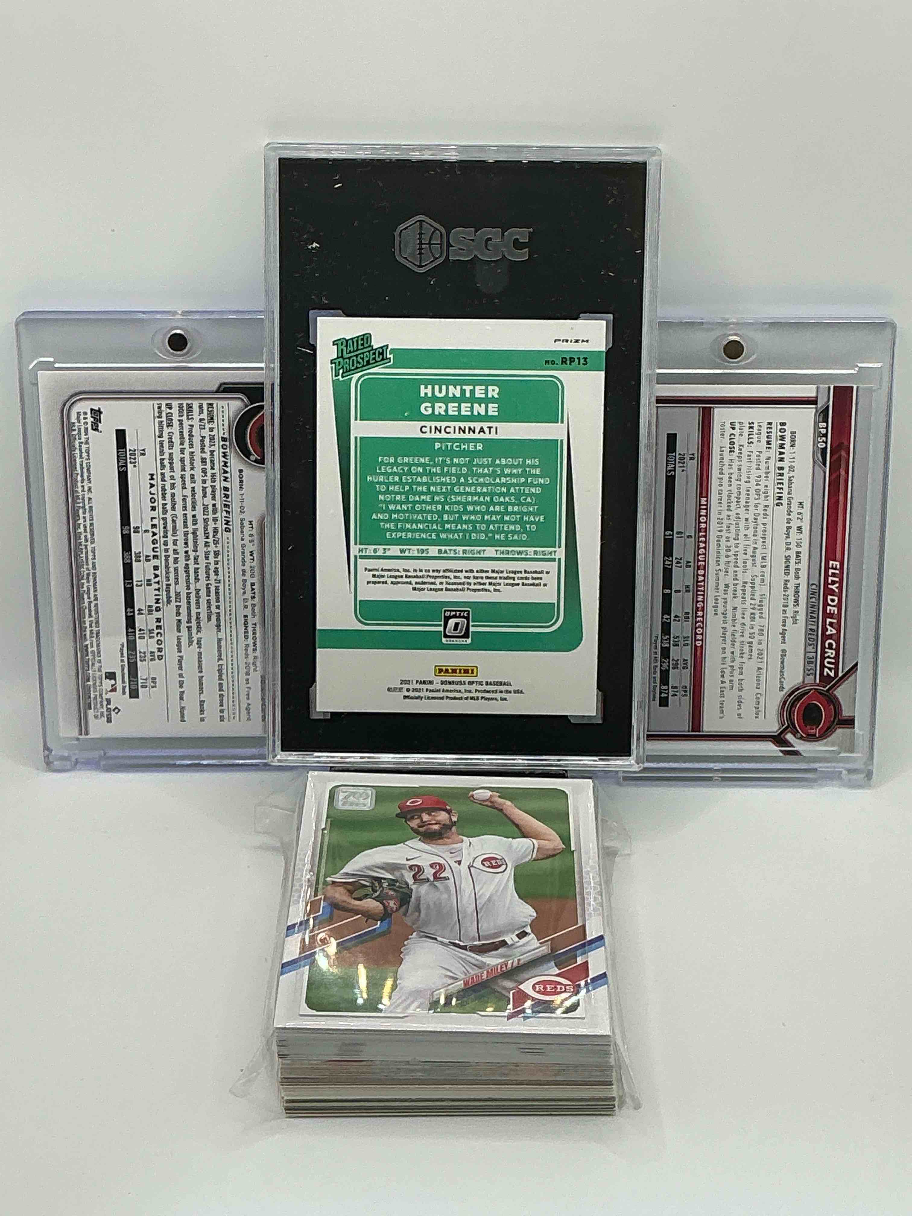 Condition photo showing New/Like New for Reds Rambunctiousness! 2021 Donruss Optic Silver Rated Prospect Gem Mint 10 Or Better Rookie Hunter Greene! 2024 Topps Bowman Elly De La Cruz Rookie! 2022 Topps 1st Bowman Prospects Elly De La Cruz! Along With 50 Other Reds Heroes, Legends, Rookies & Commons!