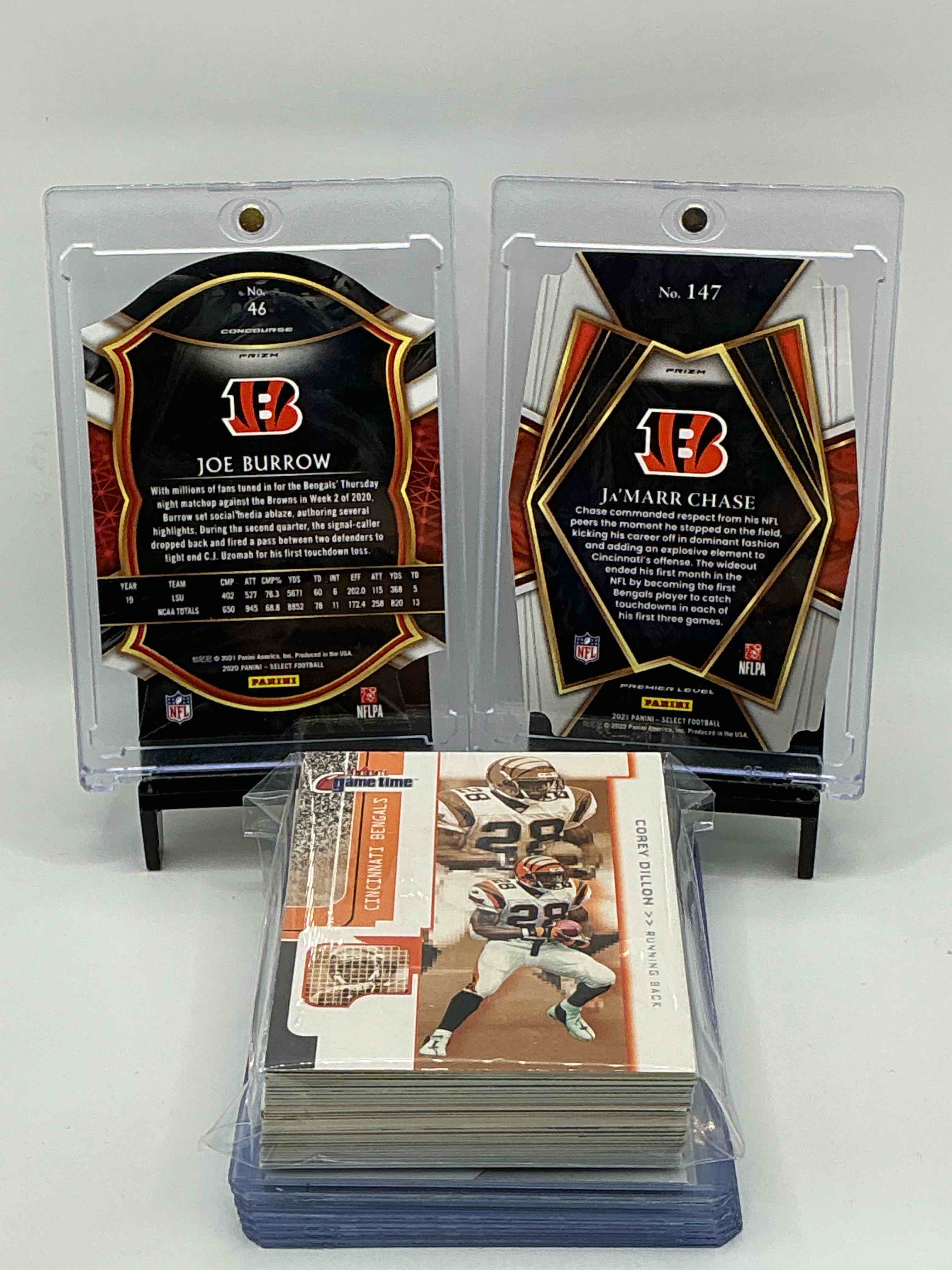Condition photo showing New/Like New for Bengals Bonanza! 2020 Select Die-Cut Concourse Level Rookie Joe Burrow! 2021 Select Die-Cut Premier Level Rookie Ja’marr Chase! Along With 50 Other Bengals, Heroes, Rookies, Legends & Commons! 