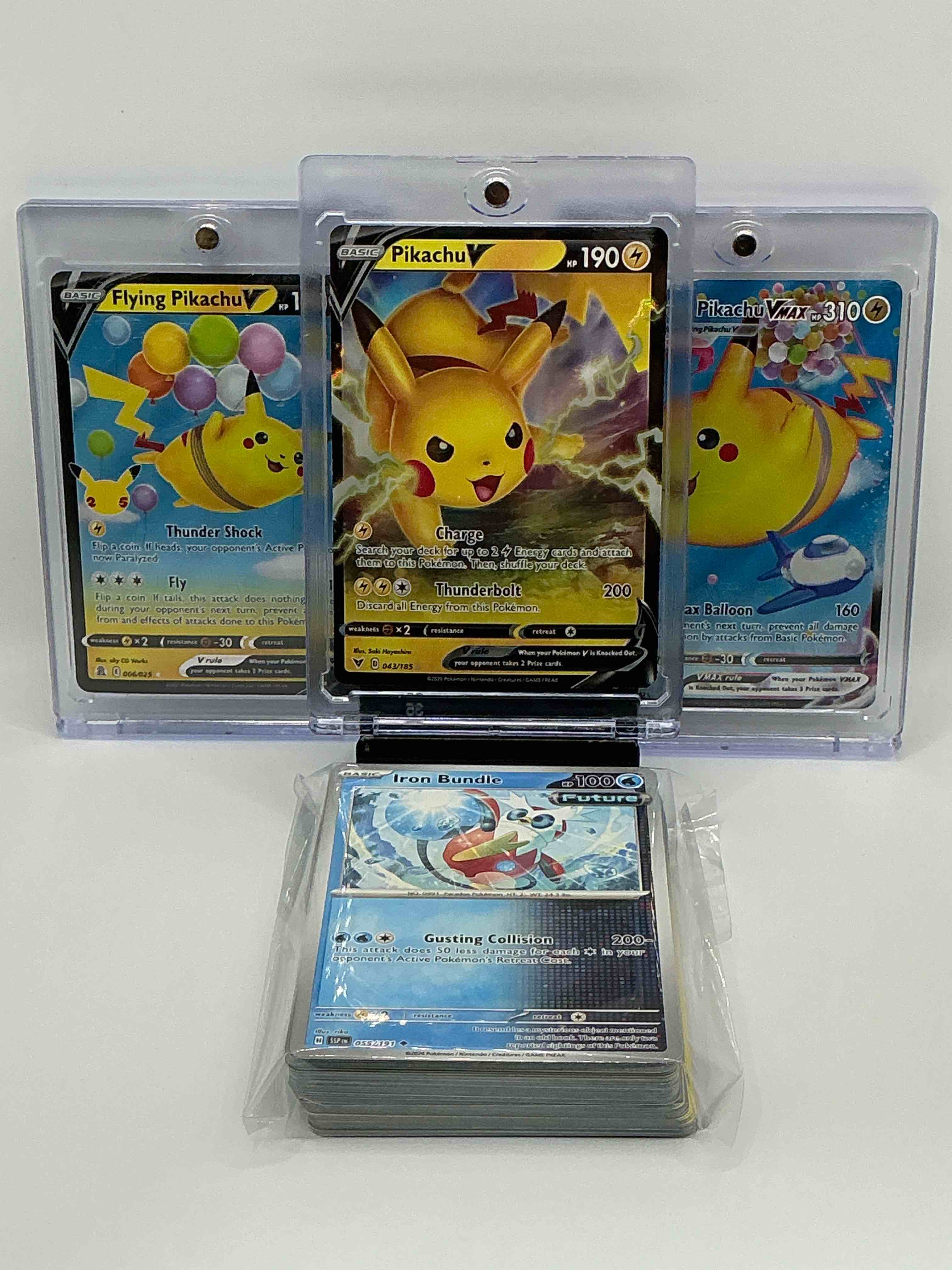 pokémon & pikachu palooza! black & yellow shimmer charge thunderbolt pikachu v! black & blue shimmer thunder shock fly flying pikachu v! silver & blue shimmer max balloon flying pikachu vmax! along with 50 other pokémon heroes, legends & commons!