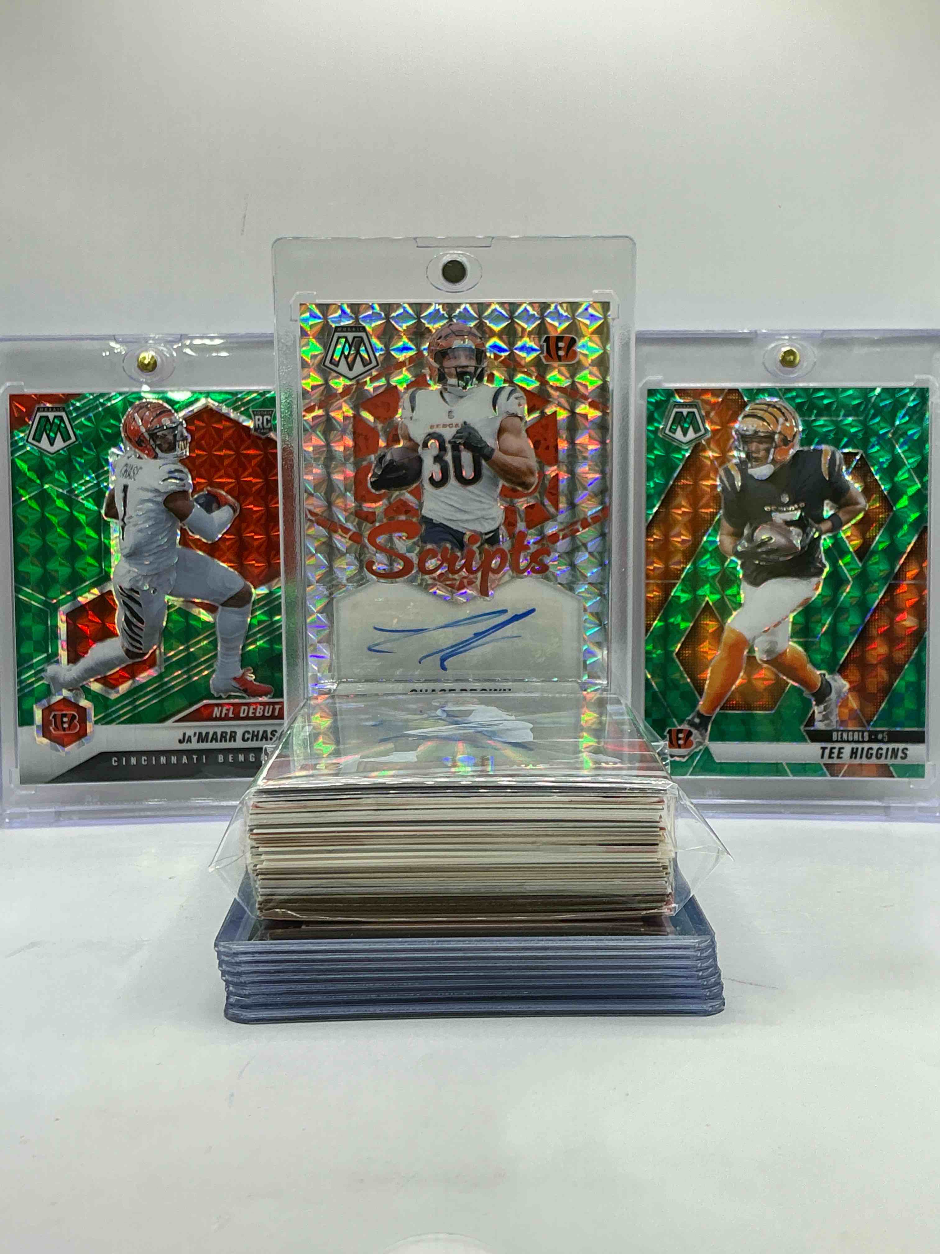 Bengals Mosaic Madness! Chase Brown Scripts Mosaic Signature Card, Ja’marr Chase Green Mosaic Rookie, Tee Higgins Green Mosaic Match! WOW! Insane Trio! This 50 Card Bengals Lot Is Filled With Legends, Heroes, Commons, Vintage & New & More!