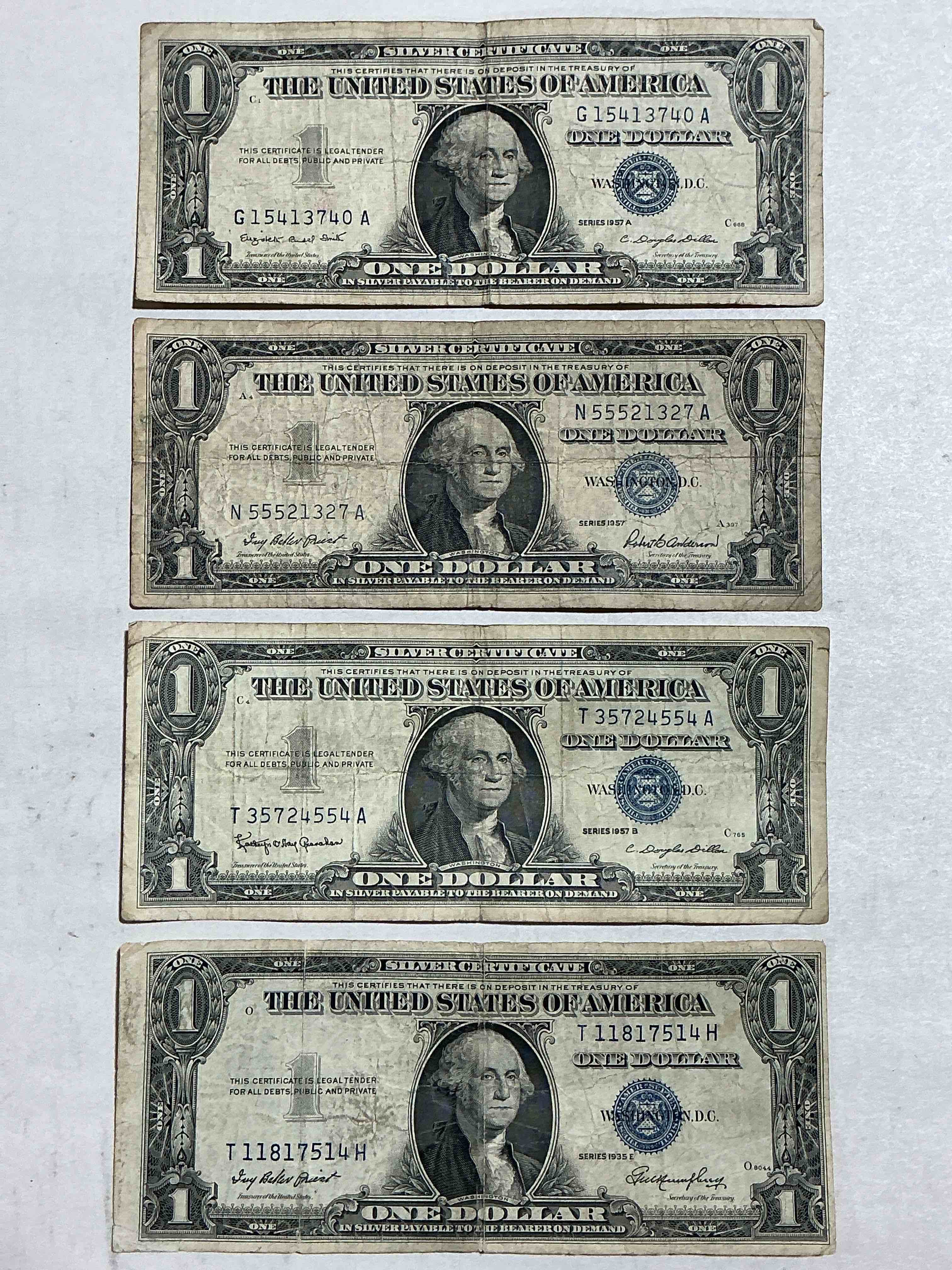 1957 & 1935 Silver Certificates! Did You Know That Prior To 1964 One Dollar U.S. Paper Money Was Actually Redeemable For Silver Dollars?! Wow How Times Have Changed! Silver Certificates Were Produced From 1878 To 1964 & Are Still Considered Legal Tender At Face Value. Here Are Gorgeous, Circulated 1935 & 1957 U.S. One Dollar Silver Certificate, With Highly Collectible "Blue Seal!* Own An Awesome Piece Of History!