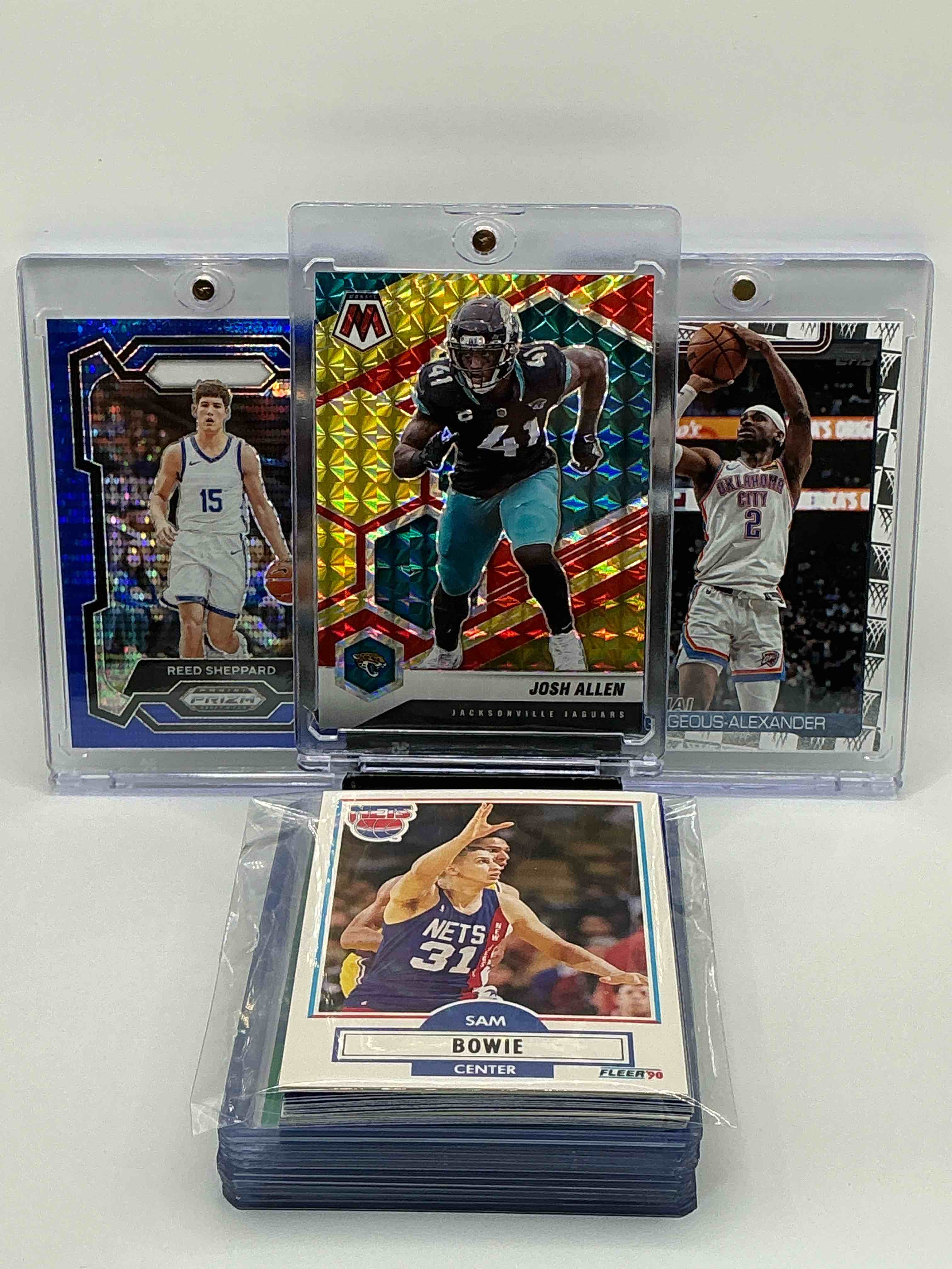 Kentucky Wildcat Craziness! 2021 Mosaic Red Yellow Blue Prizm Numbered Josh Hines-Allen 11/80! 2024 Blue Prizm Draft Picks Rookie Reed Sheppard Numbered 46/99! 2025 Topps Flagship Shai Gilgeous-Alexander! Along With 27 Other Kentucky Legends, Heroes & Commons!