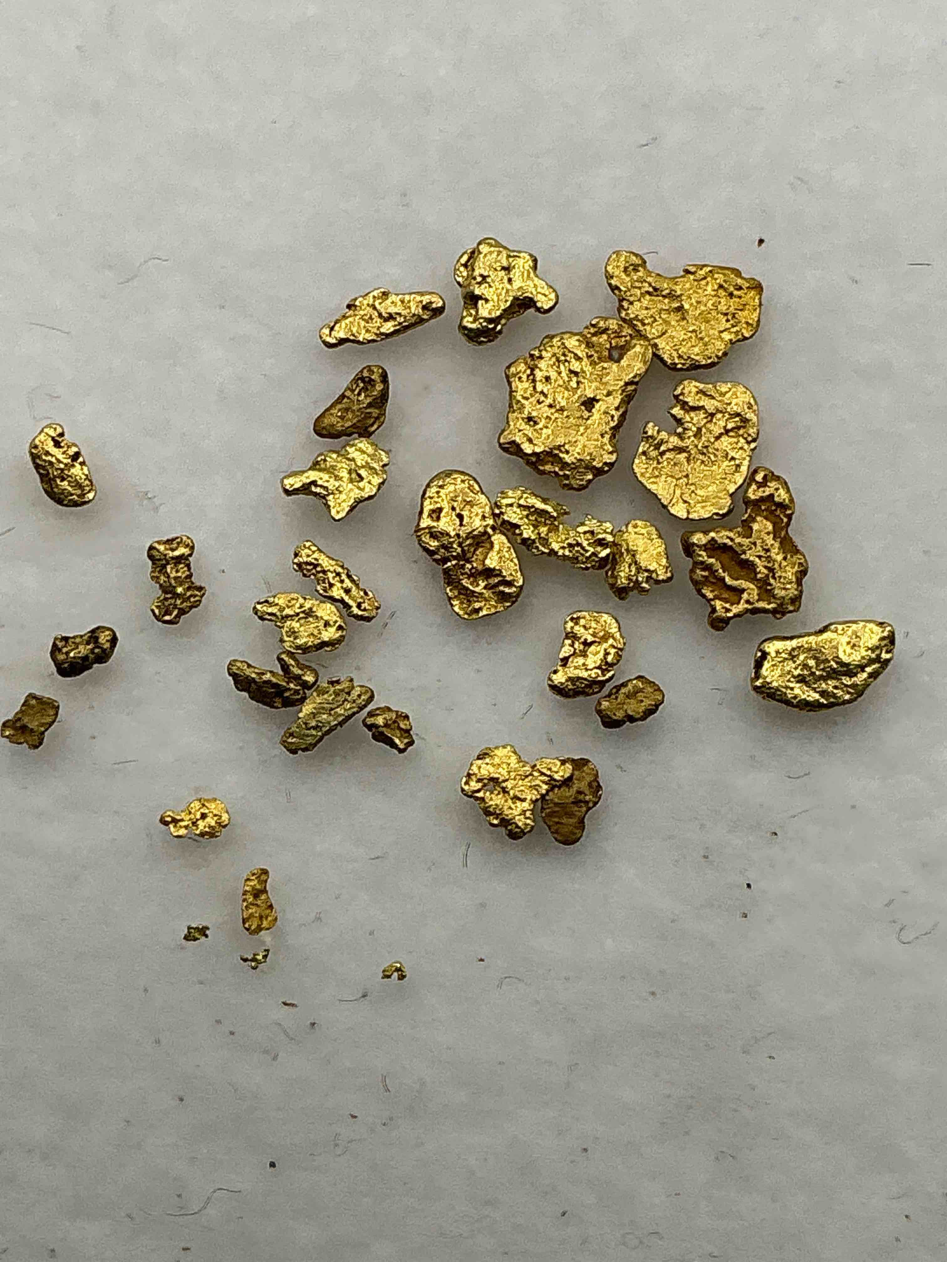 gold nuggets, authentic! wow! these are genuine pure gold nuggets prospected from north carolina. approximately 0.5 gm in total size/weight for all nuggets. this type of gold in nuggets form that has not been processed is extremely hard to find & is much more rare than processed gold in any form. u.s. dime shown in image is for visual size reference only (not included). own incredibly cool pieces of gold & an awesome investment in fine u.s. gold precious metal! every gold nugget is "one of a kind!"