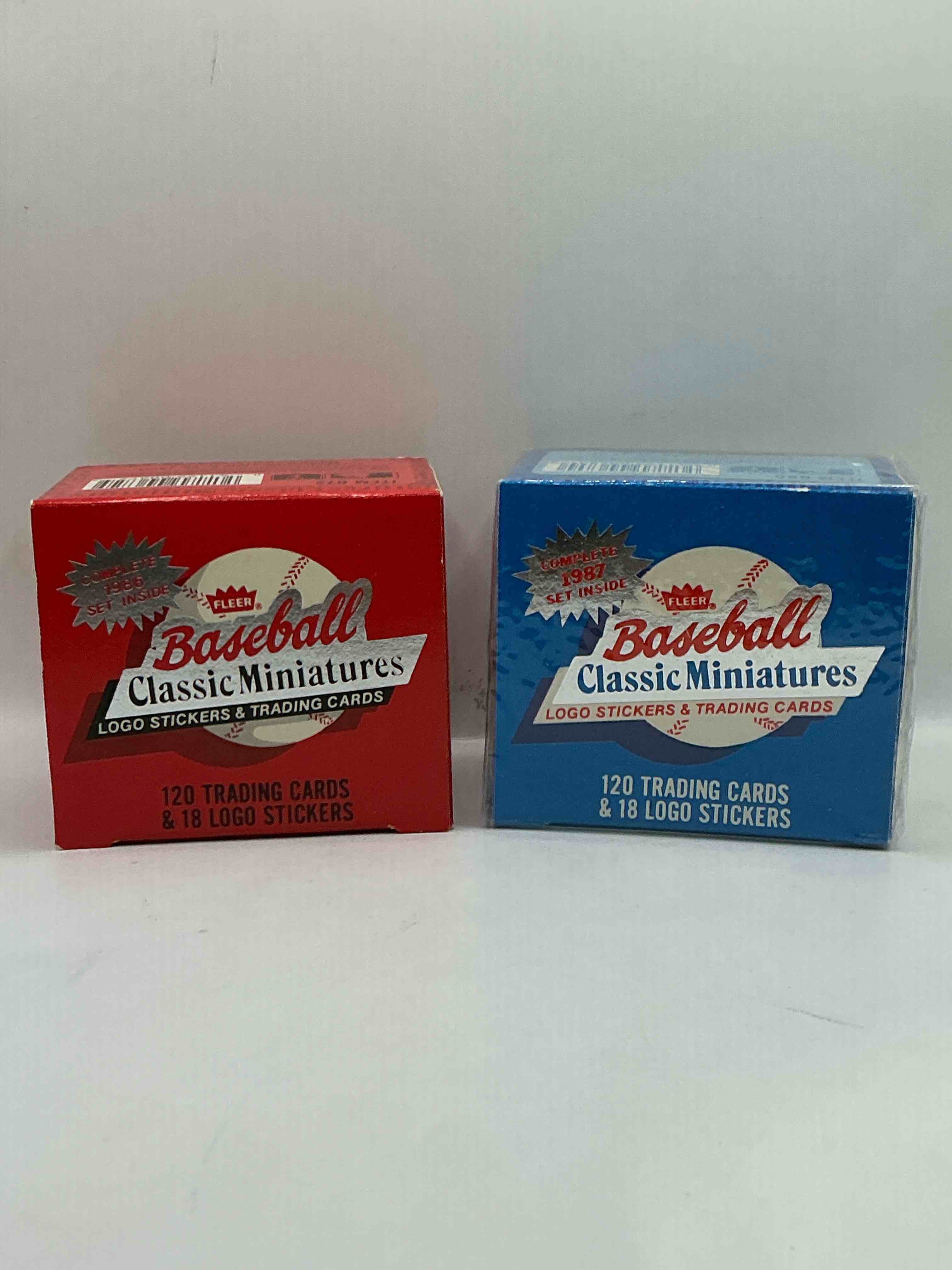 1986 & 1987 miniature baseball complete sets! logo & sticker trading cards! fleer 1986-87 mini baseball boxes!