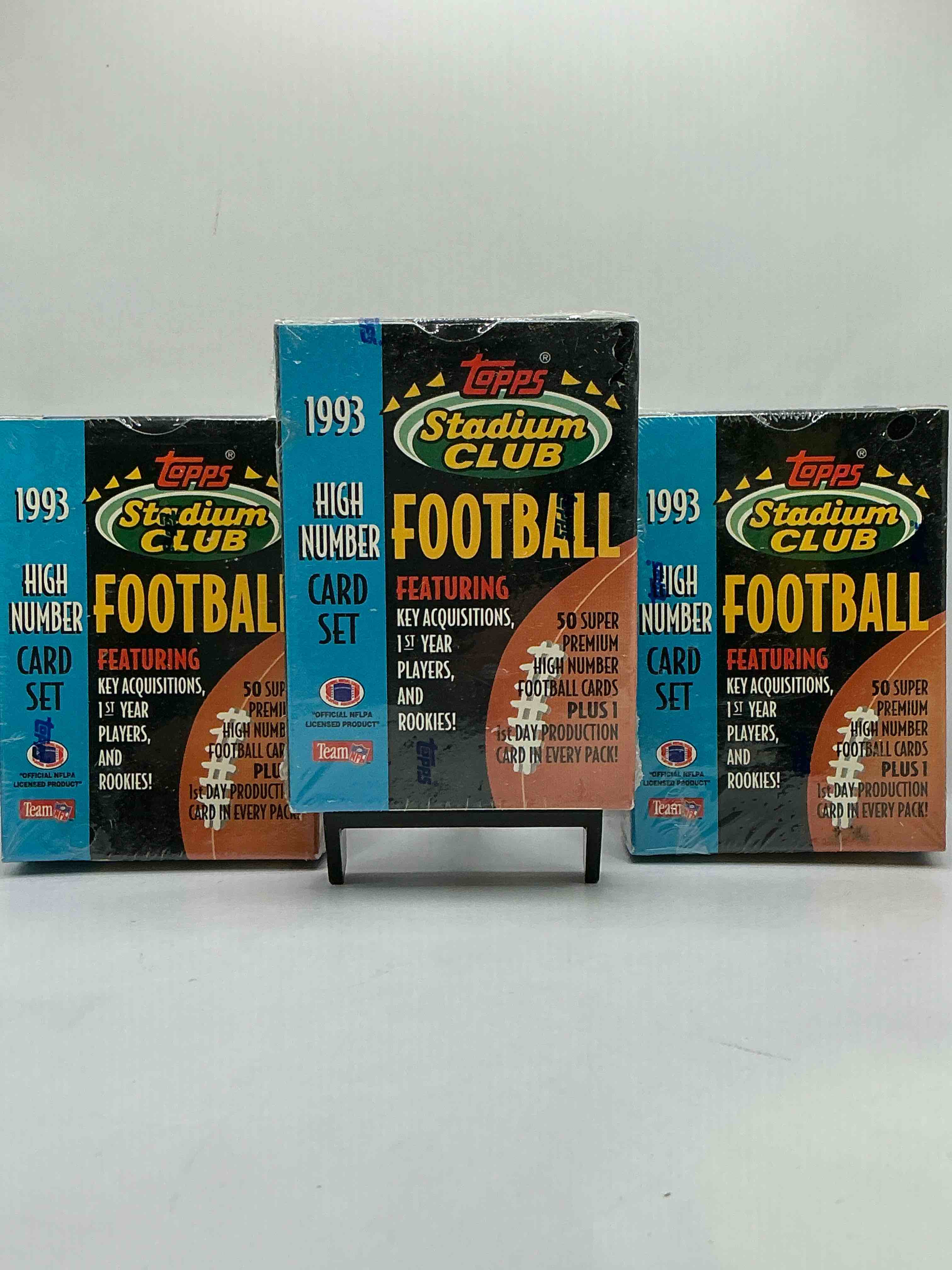 topps stadium club football 1993 high number card set! wow! still in original wrap! 50 cards in each box! drew bledsoe, marvin jones, jerome bettis & more! awesome 90’s sports memorabilia & cards!