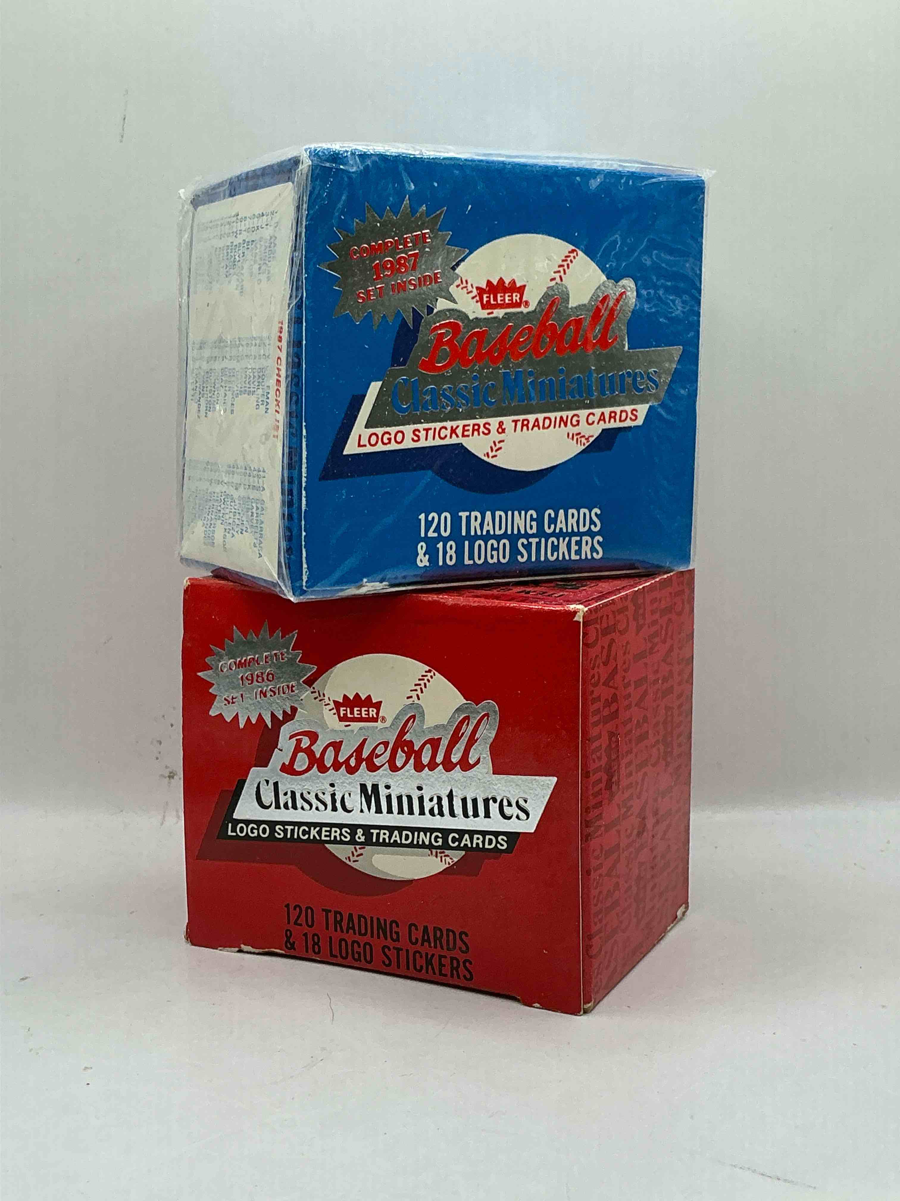 Condition photo showing New/Like New for 1986 & 1987 Miniature Baseball Complete Sets! Logo & Sticker Trading Cards! Fleer 1986 & 1987 Mini Baseball Boxes!