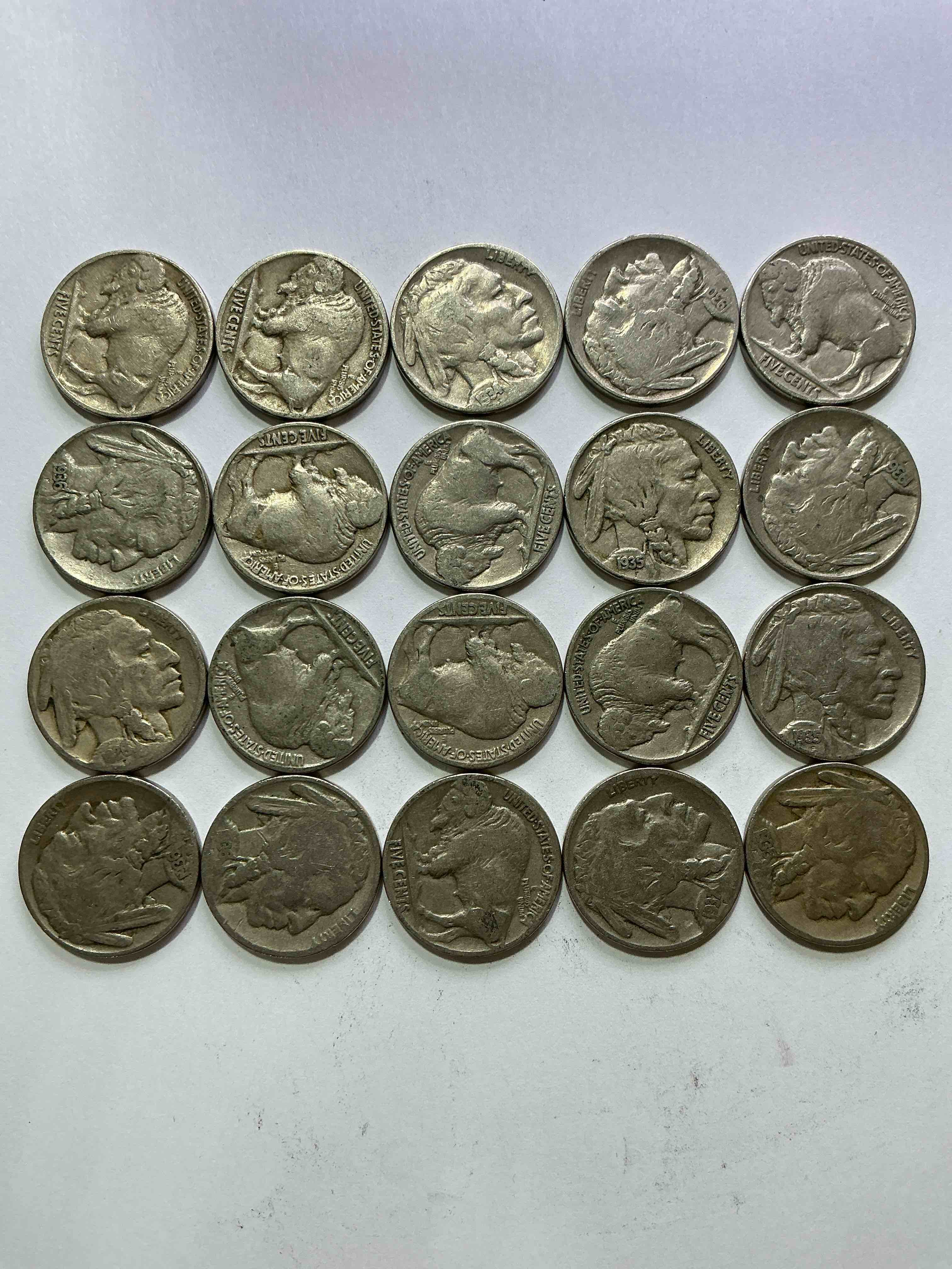 Condition photo showing Good Condition for Historic Buffalo Nickels! Indian Head Buffalo Nickels Were Minted From 1913 To 1938 & Have Become A Favorite For Coin Collectors Around The World! Own Pieces Of American History With These Cool Indian Head Buffalo Nickels In Circulated Condition, Most With Visible Dates Which Is Very Rare For Buffalo Nickels!