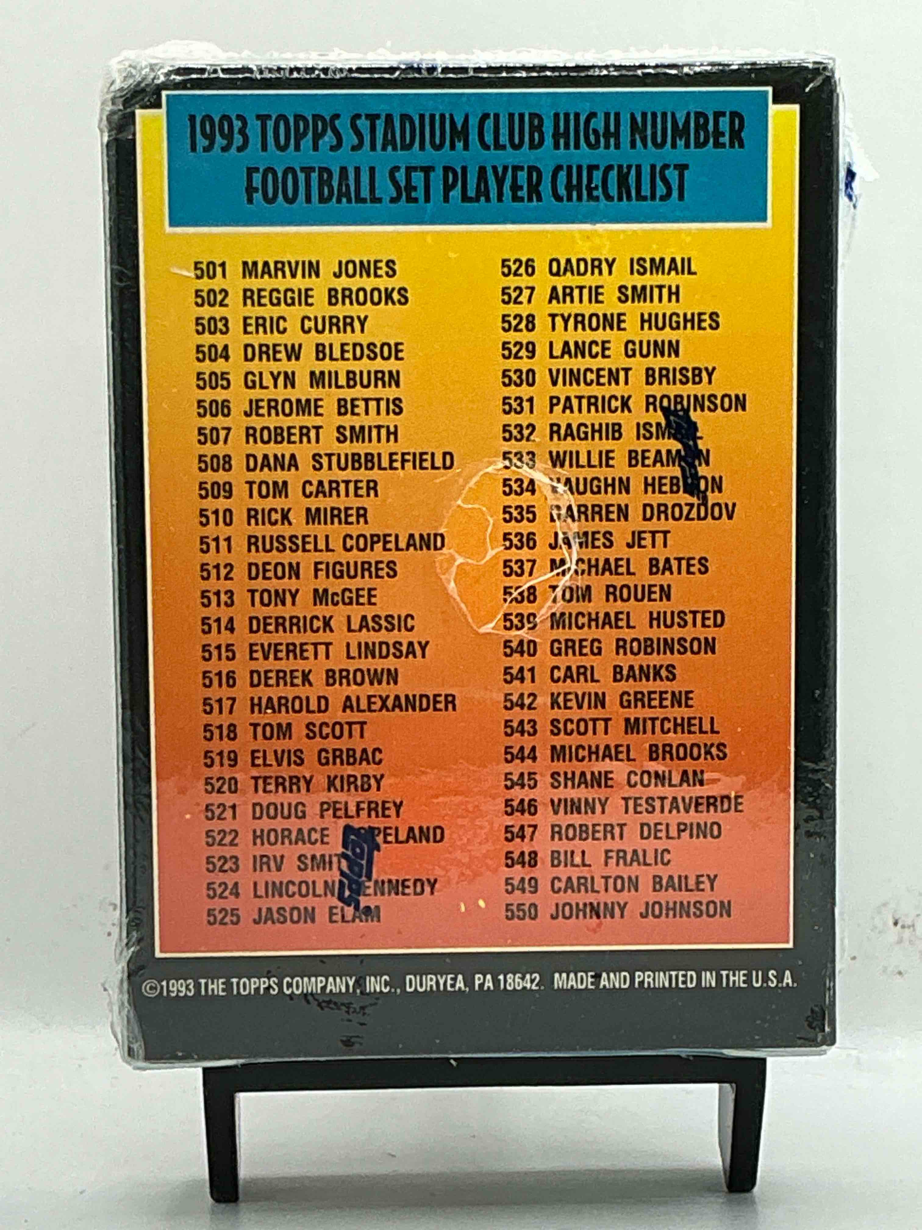 Condition photo showing New/Like New for Topps Stadium Club Football 1993 High Number Card Set! WOW! Still In Original Wrap! 50 Cards In Each Box! Drew Bledsoe, Marvin Jones, Jerome Bettis & More! Awesome 90’s Sports Memorabilia & Cards!