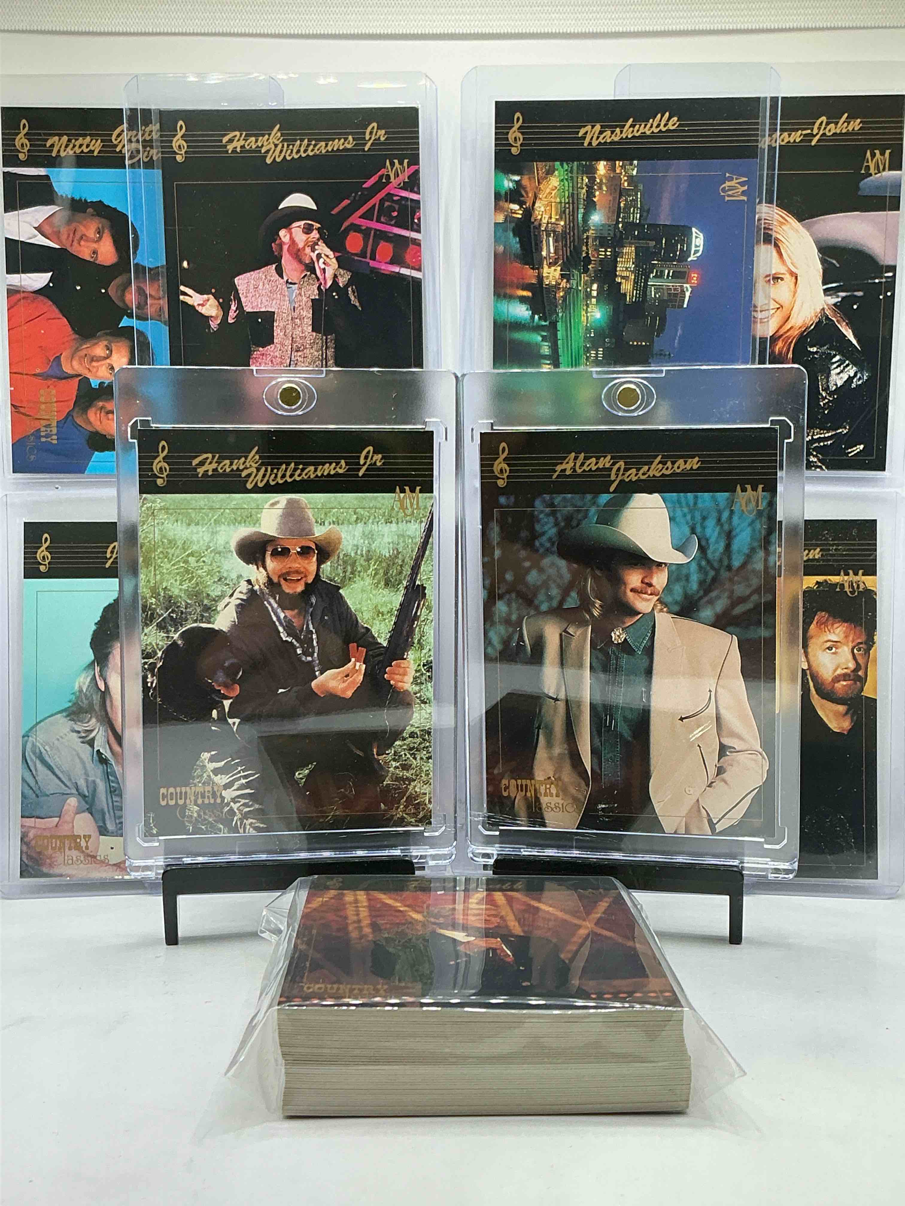 hank williams jr! alan jackson! no way! country music craziness! olivia newton john, george jones, nitty gritty, nashville skyline, joe diffe & more! insane 50 card country music lot! 1992 cards, some of the biggest names in the country world! perfect for vintage, authentic & real country fans! 