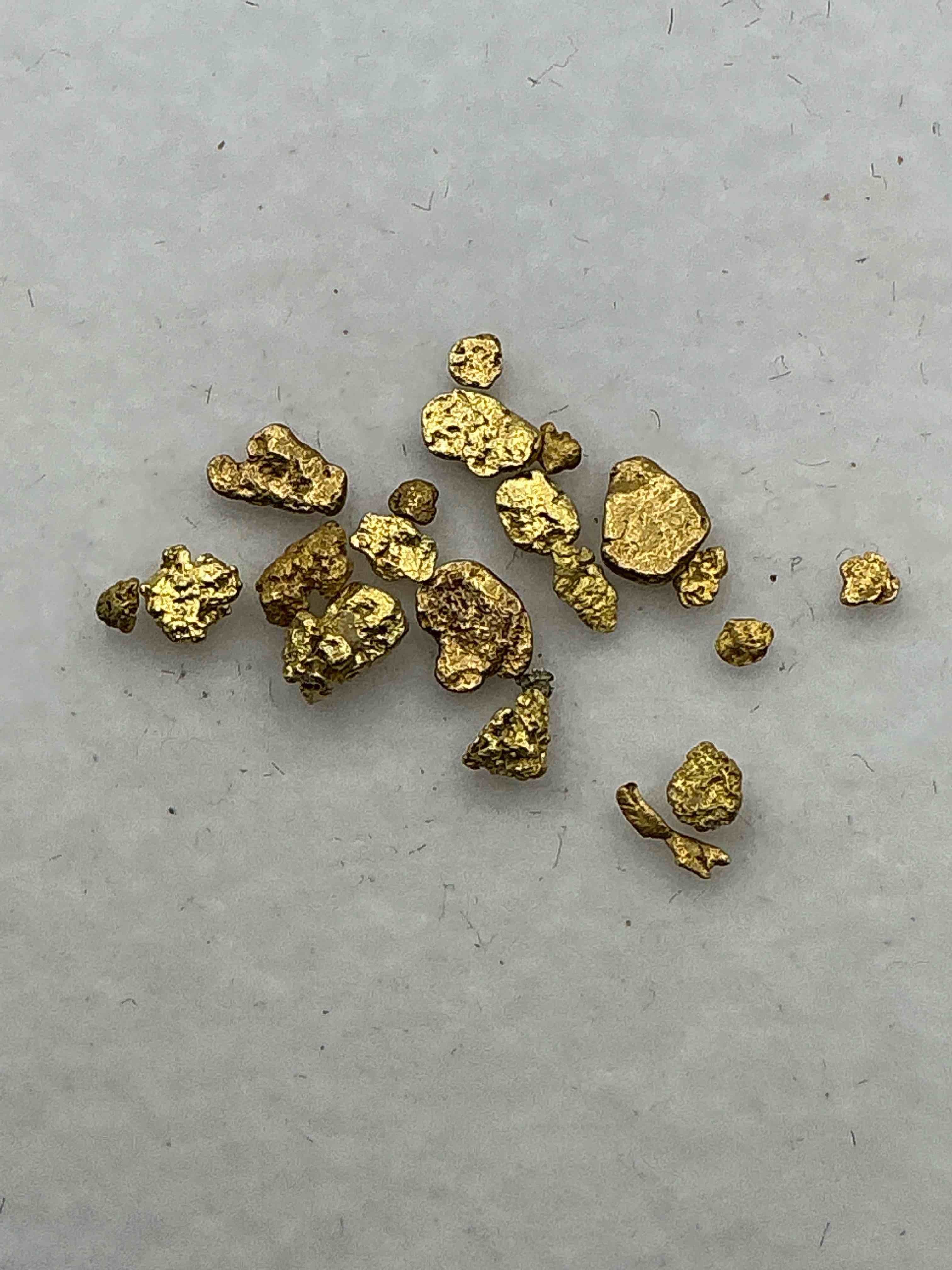 gold nuggets, authentic! wow! these are genuine pure gold nuggets prospected from north carolina. approximately 0.5 gm in total size/weight for all nuggets. this type of gold in nuggets form that has not been processed is extremely hard to find & is much more rare than processed gold in any form. u.s. dime shown in image is for visual size reference only (not included). own incredibly cool pieces of gold & an awesome investment in fine u.s. gold precious metal! every gold nugget is "one of a kind!"