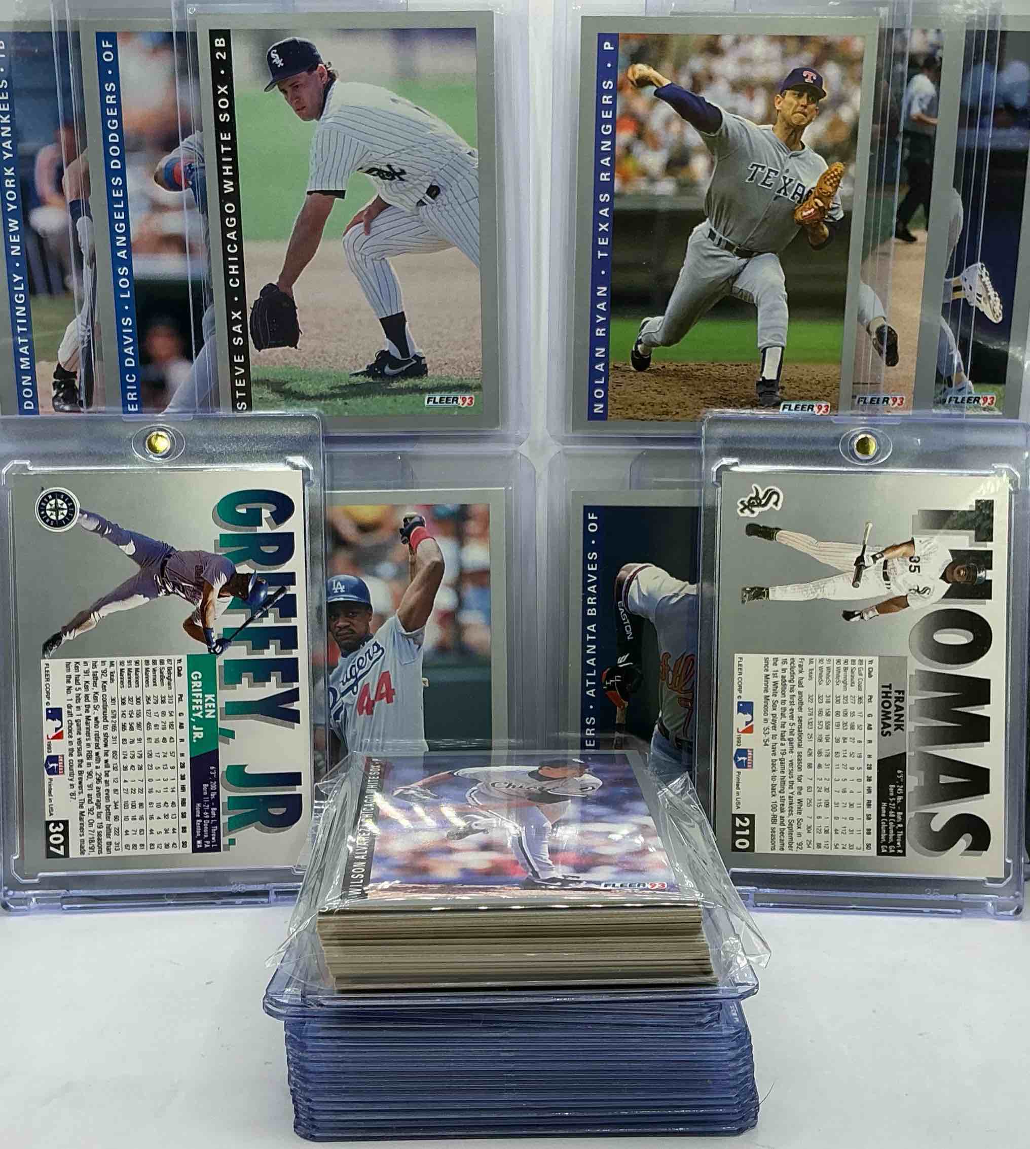 Condition photo showing New/Like New for Ken Griffey Jr, Frank Thomas, Nolan Ryan & More! 1993 Fleer Baseball! 50 Card Set, WOW! Includes Some Of The Craziest Cards & Players Of All Time! Some Names Include Mark McGwire, Jose Canseco, Don Mattingly, Darryl Strawberry, Dwight Gooden, Kirby Puckett, Deion Sanders, Barry Bonds, George Brett, Cal Ripken, Wade Boggs, Sammy Sosa, John Smoltz & More! Baseball Legends! 