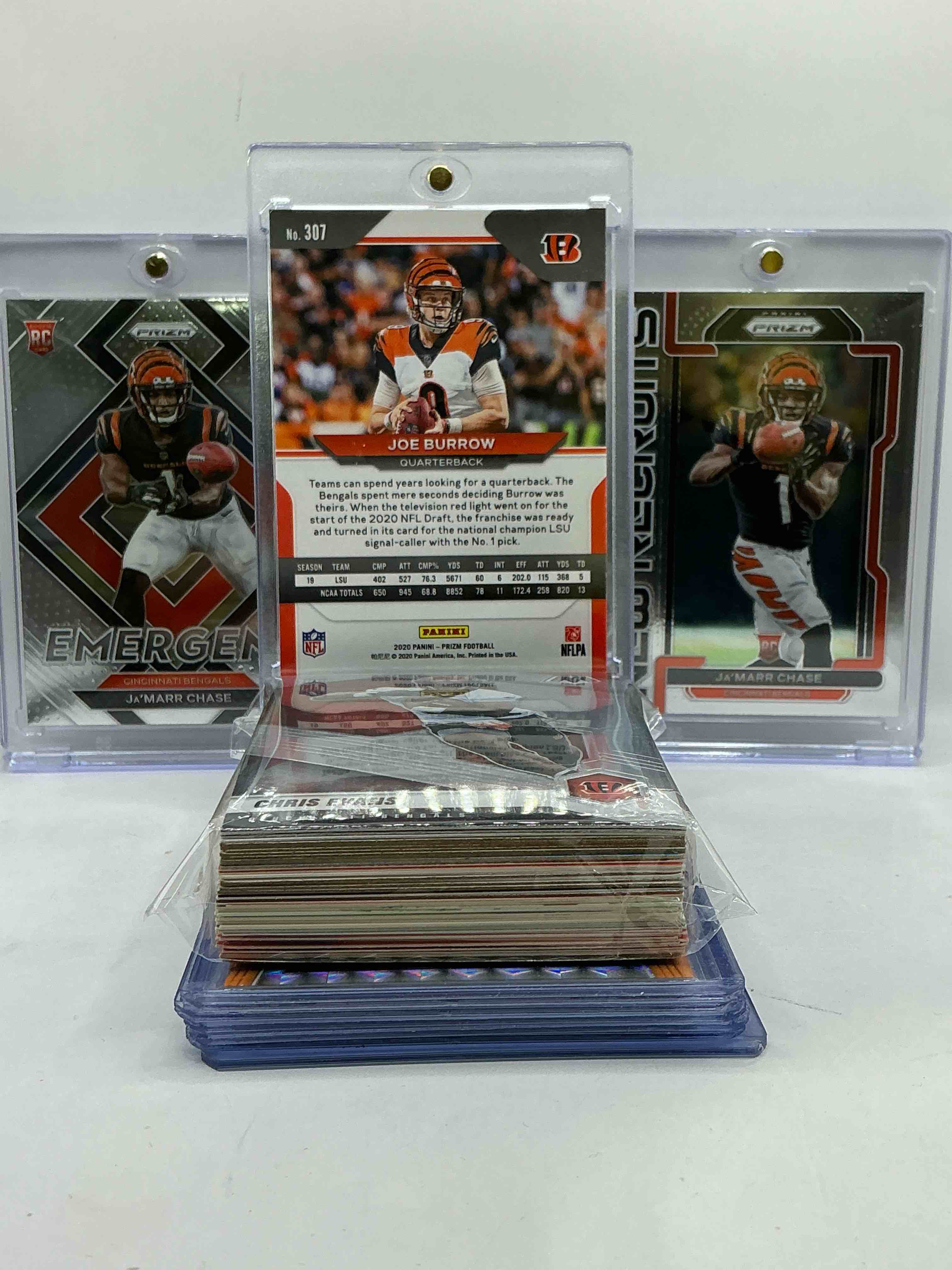 Condition photo showing New/Like New for Joe Burrow Panini Prizm Rookie Card & Prizm Ja’marr Chase Matches! New Recruits & Emergent Rookies! WOW! Bengals Bonanza! 50 Card Lot Includes Commons, Legends, Heroes, Rookies, Legends, Vintage & New & More! Wow!