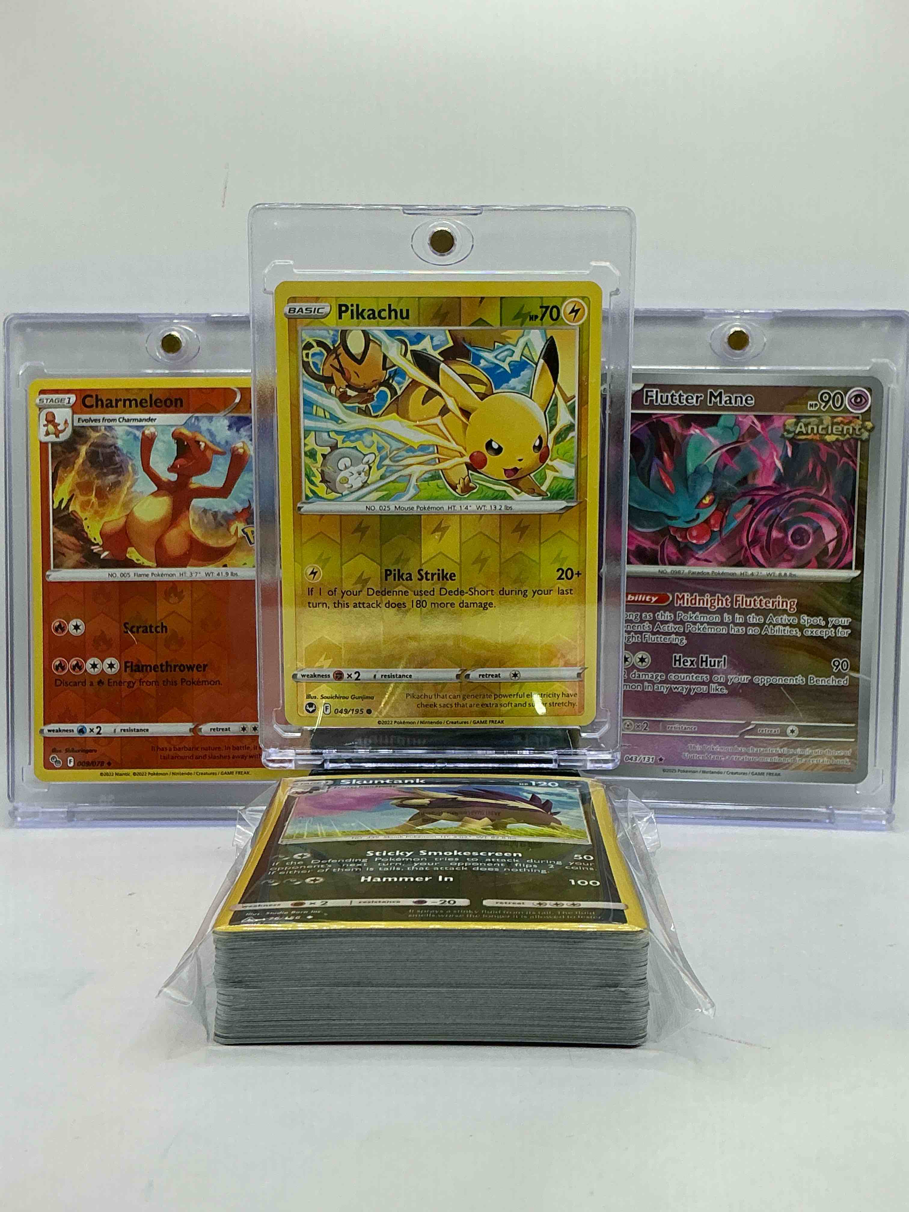 pokémon palooza! piakchu holo, charmeleon holo, flutter mane holo & more! insane trio! 50 card craziness! wow!