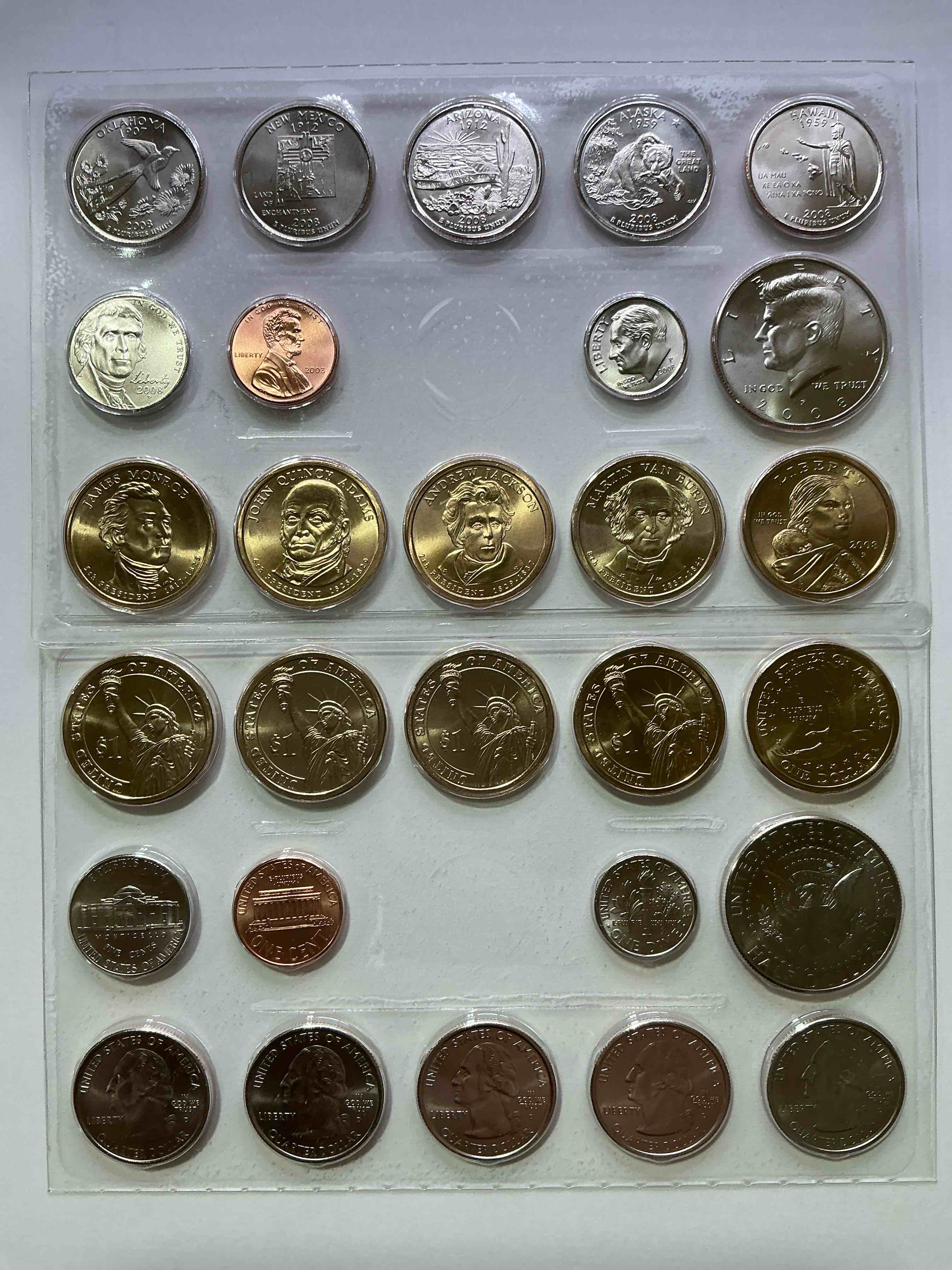 28 coin craziness! denver & philly mints! 2008 uncirculated mint set coins! includes half dollars, president dollar coins, dimes, nickels, pennies & quarters! cool coin collectible! 
