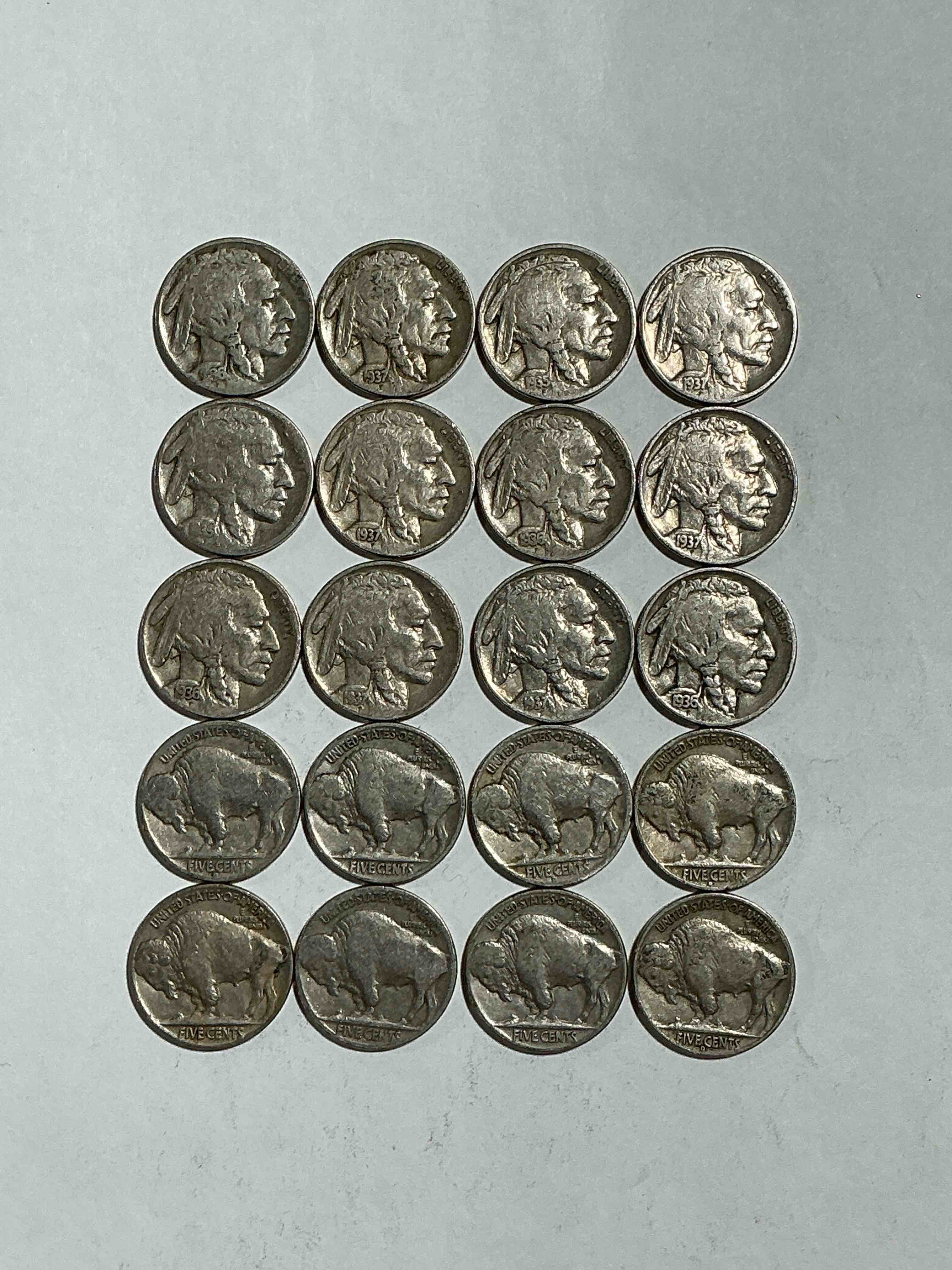 Condition photo showing Good Condition for Historic Buffalo Nickels! Indian Head Buffalo Nickels Were Minted From 1913 To 1938 & Have Become A Favorite For Coin Collectors Around The World! Own Pieces Of American History With These Cool Indian Head Buffalo Nickels In Circulated Condition, Most With Visible Dates Which Is Very Rare For Buffalo Nickels!