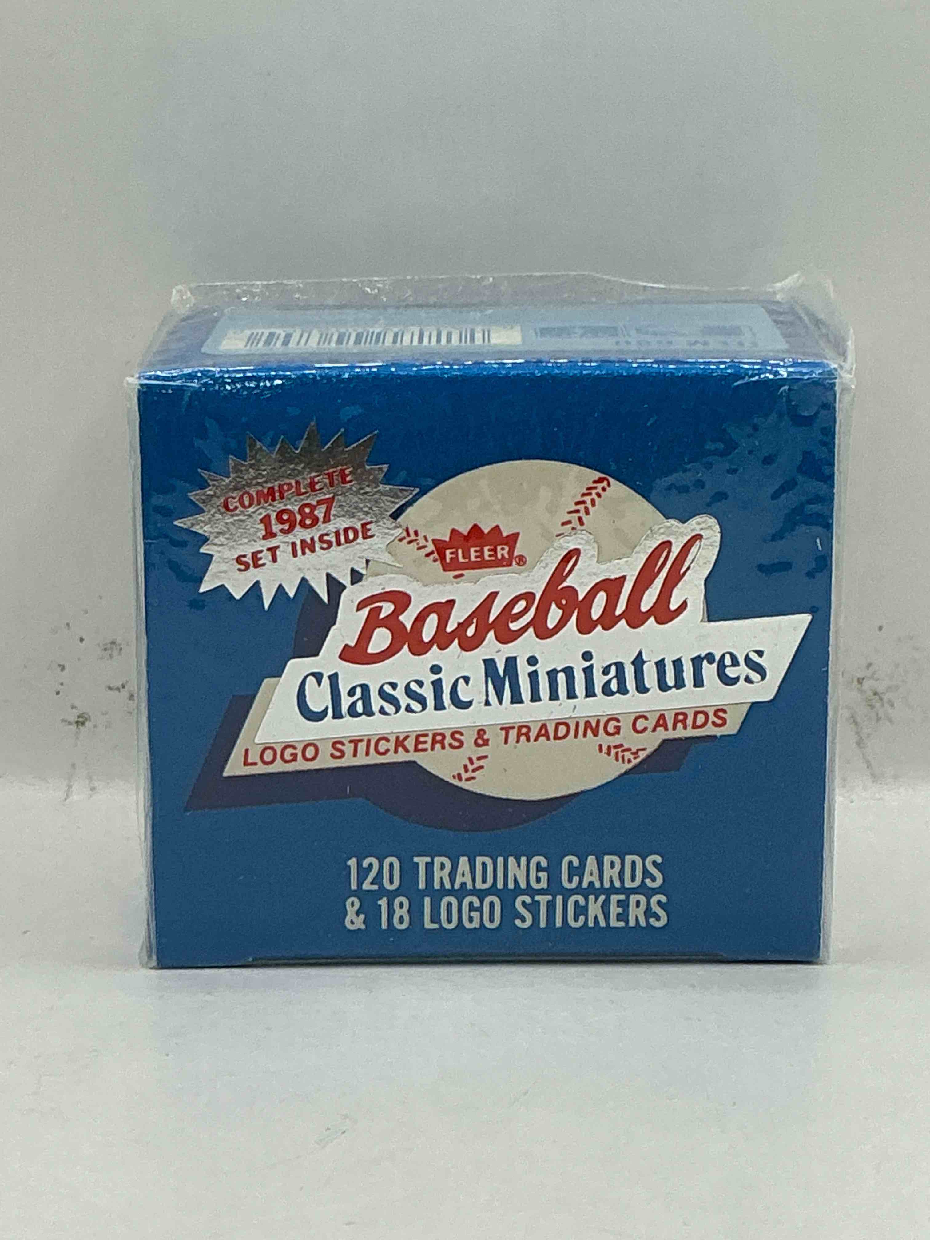 1987 fleer baseball updated mini series set box! logo stickers & trading cards, look for your favorite baseball legends! mattingly, ripken, puckett & more! search for these legends & more in this 1987 fleer baseball still originally wrapped box!
