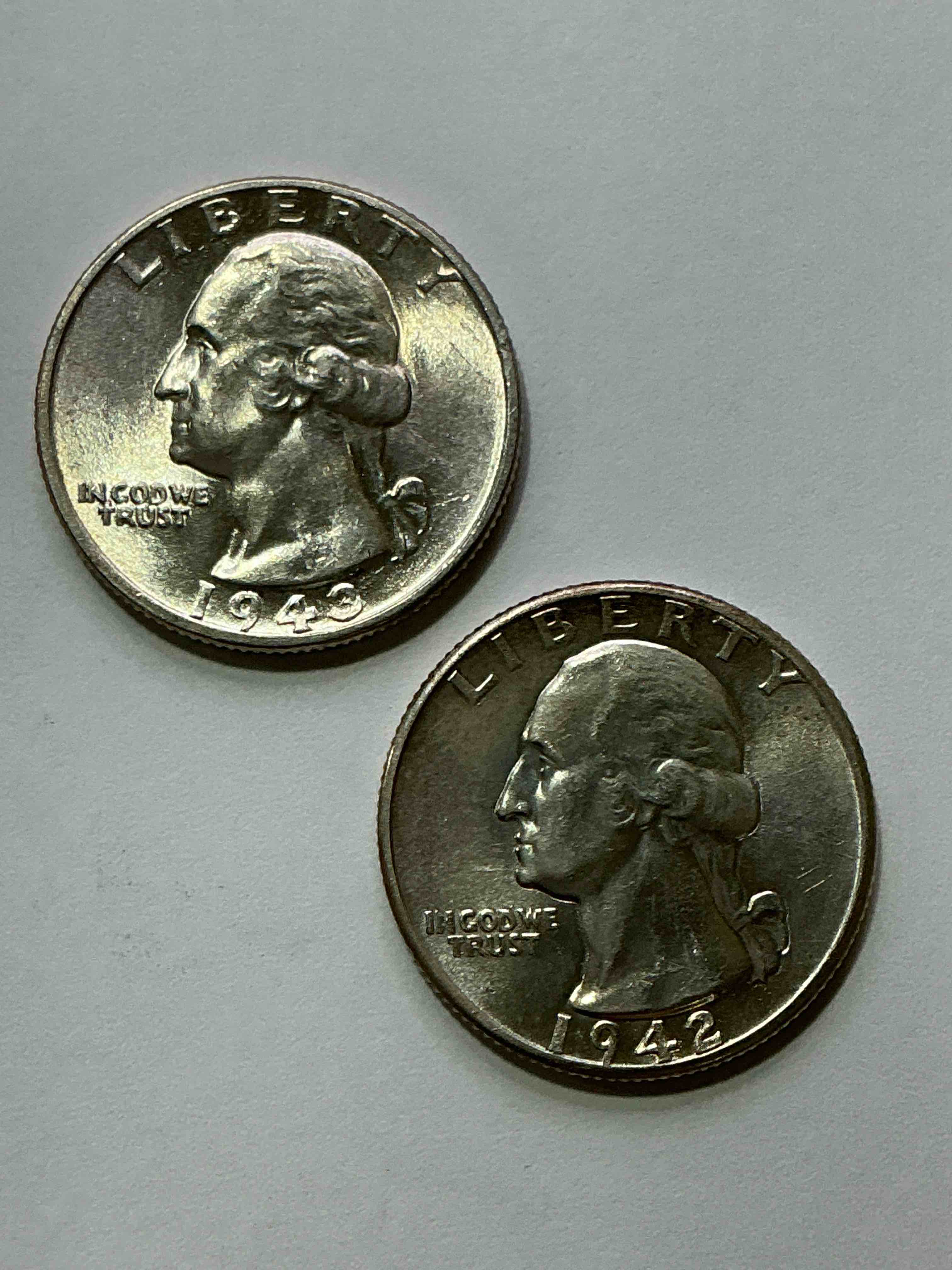 george washington brilliant silver! pre 1965 u.s. quarter dollar coins were actually silver, here are two great examples of awesome, pristine george washington silver quarters, stunning & circulated! rare mints! great for investing in precious metals! these coins were minted at 90% silver and 10% copper, giving them a net weight of .18084 ounces of pure silver per coin! very hard to find & stunning! invest in fine u.s. silver!