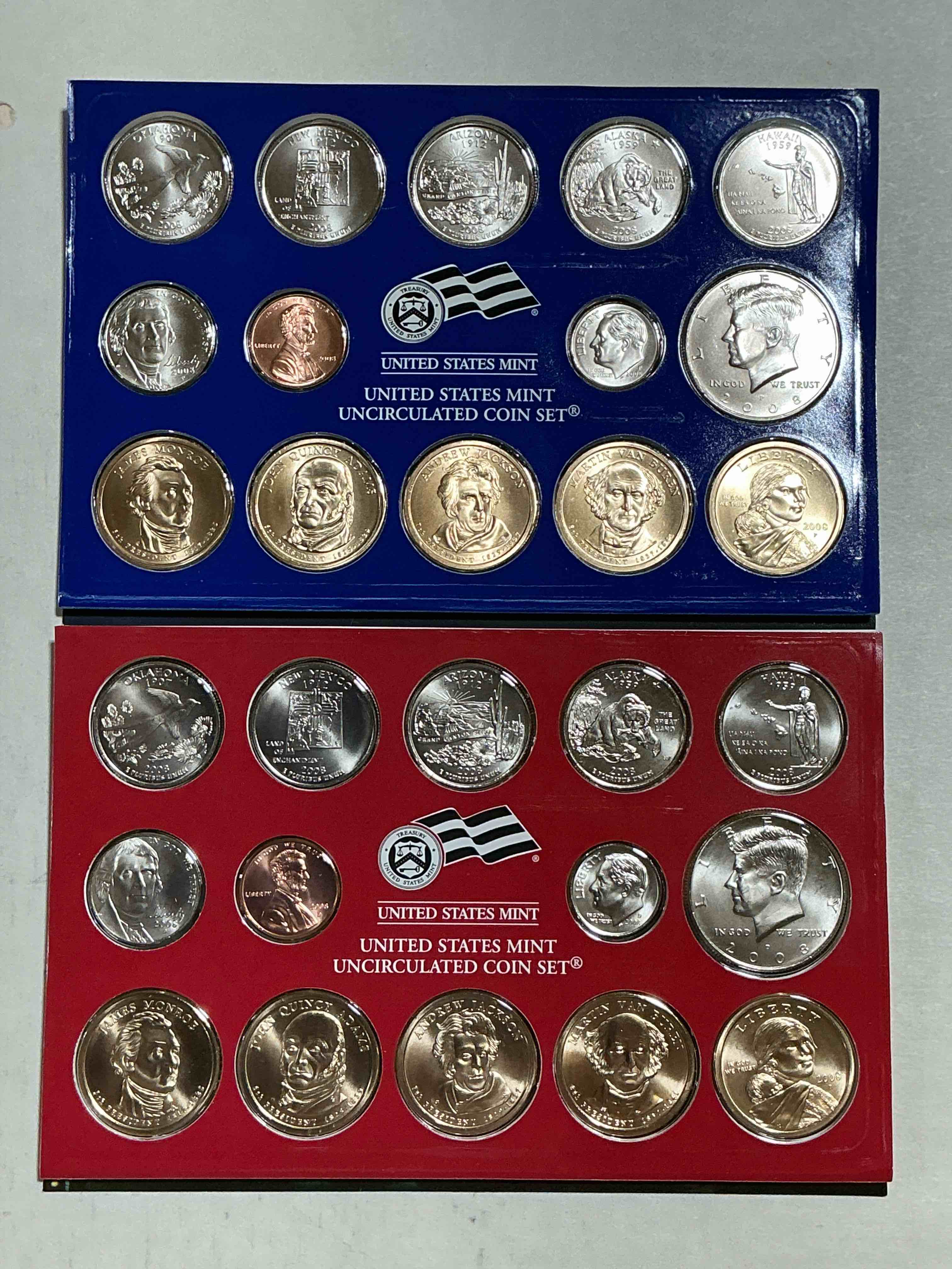 crazy uncirculated 2008 mint set! 28 coin set, including president dollar coins, half dollars, state quarters, dimes, nickels & pennies! insane mint set!