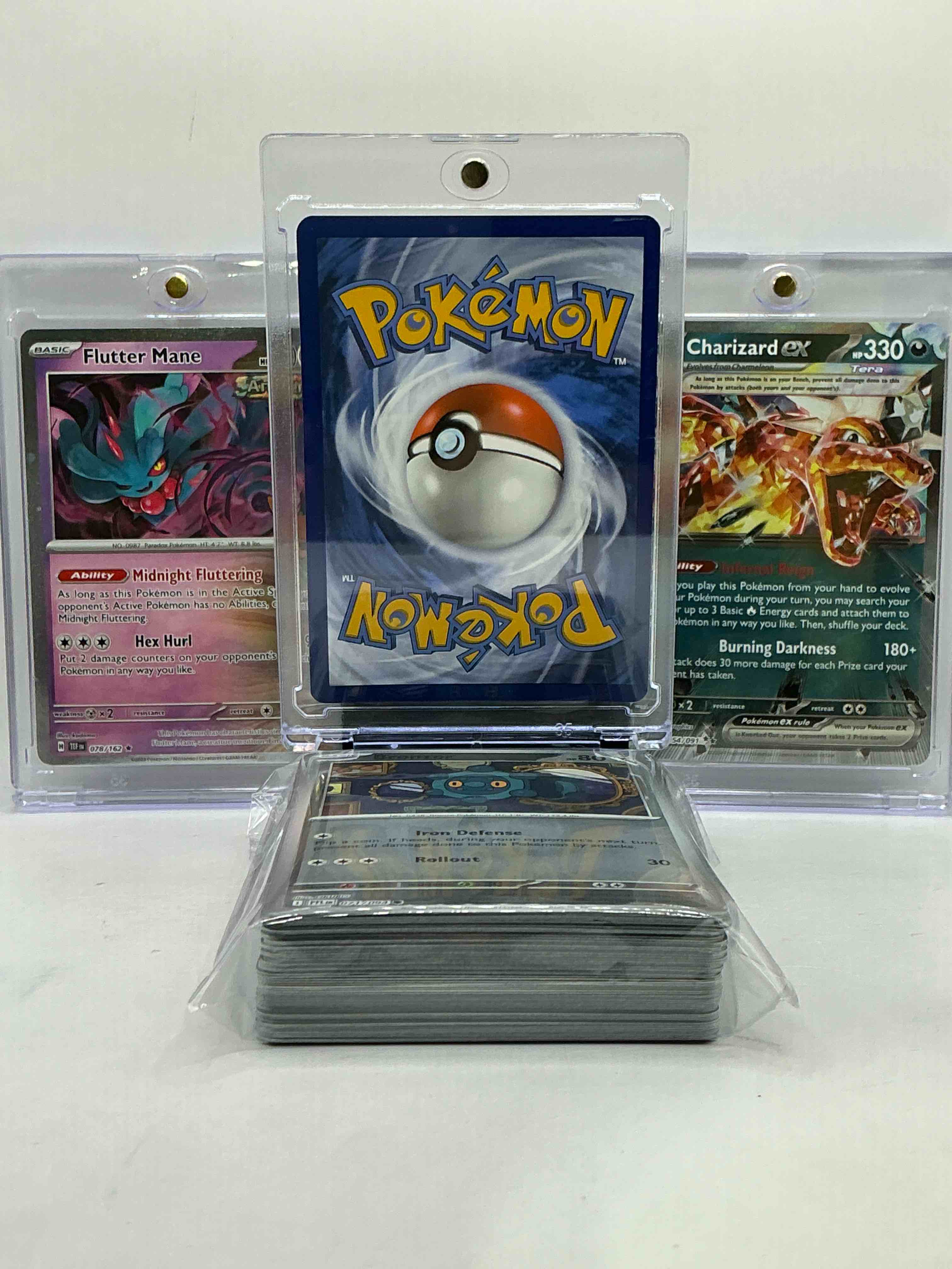 Condition photo showing New/Like New for Pokémon Palooza! Pikachu V, Charizard EX & Flutter Mane Holos! Insane Trio, Some Of The Best Characters! This 50 Card Lot Includes Holos, Legends, Commons & More! Wow! Collect The Craze!