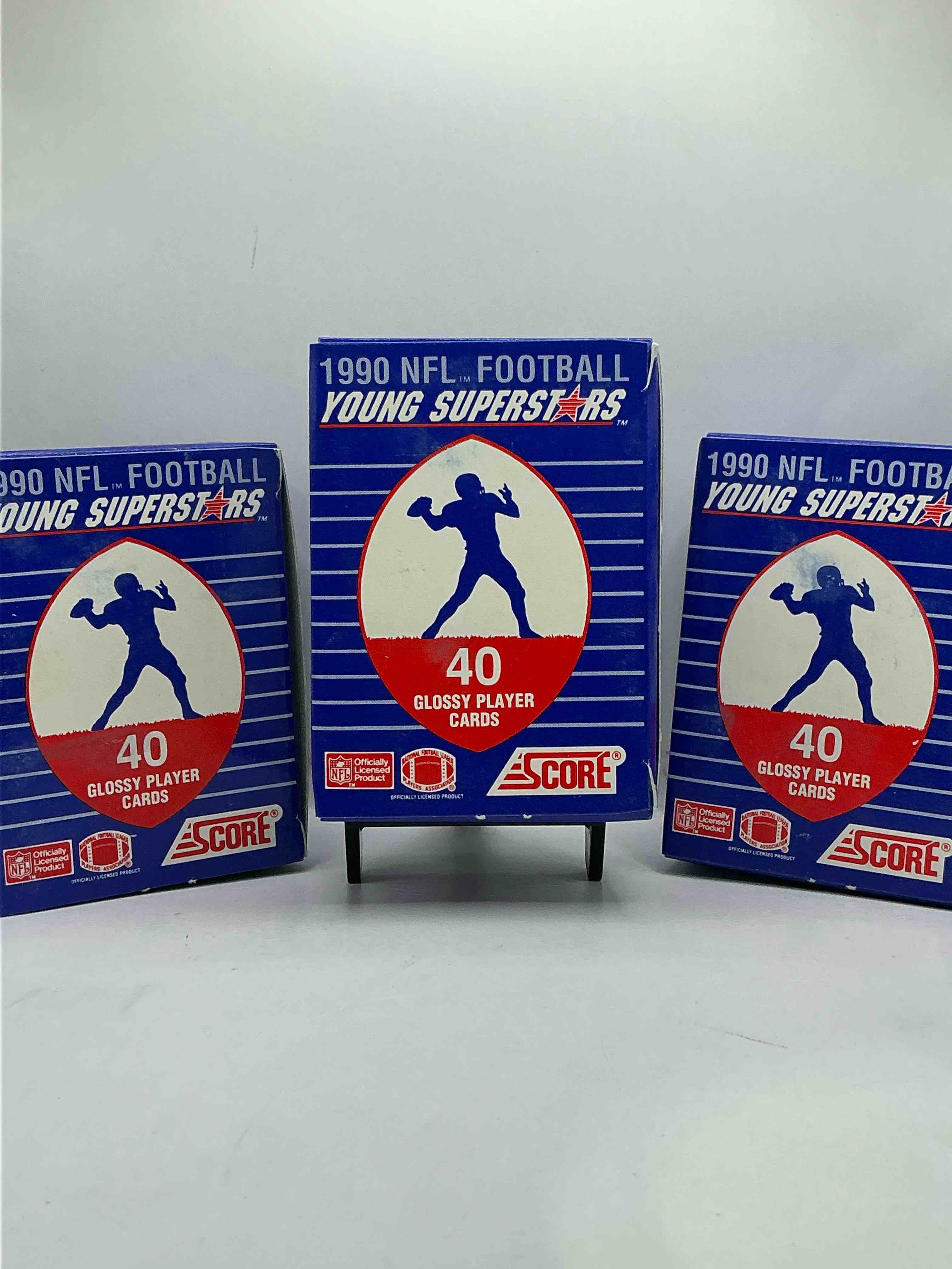 1990 score nfl football young superstars! barry sanders, troy aikman, derrick thomas, sterling sharpe, ickey woods, andre reed & more! awesome score boxes!