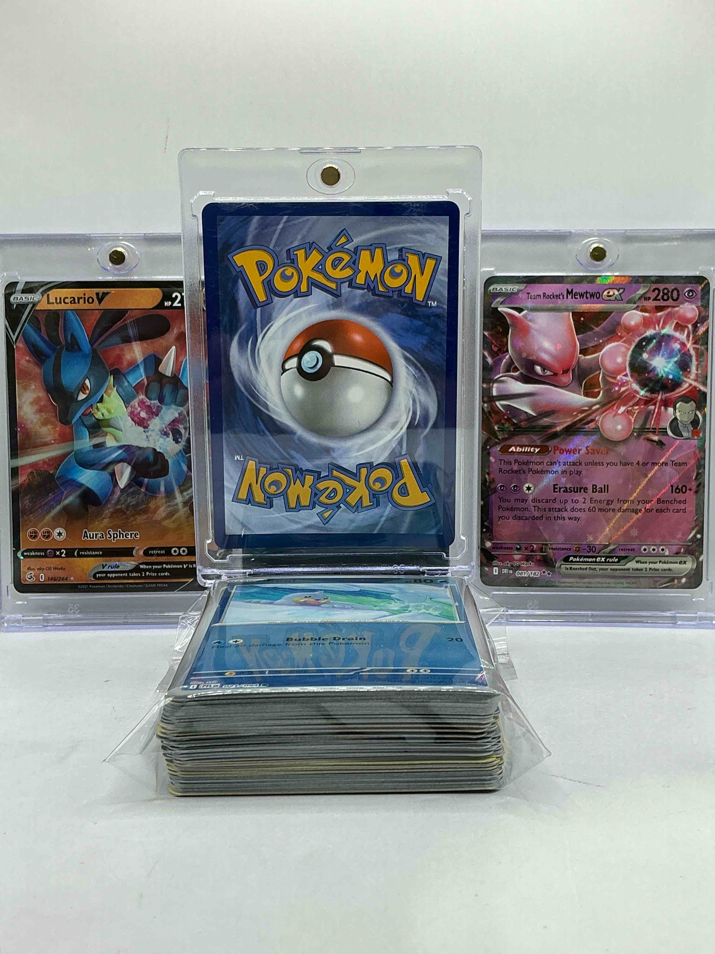 Condition photo showing New/Like New for MEGA Charizard X EX, Lucario V & Mewtwo EX & More! Insane Trio, This 50 Card Lot Includes Commons, Legends, Heroes, Holos & More! Pokémon Palooza! WOW!