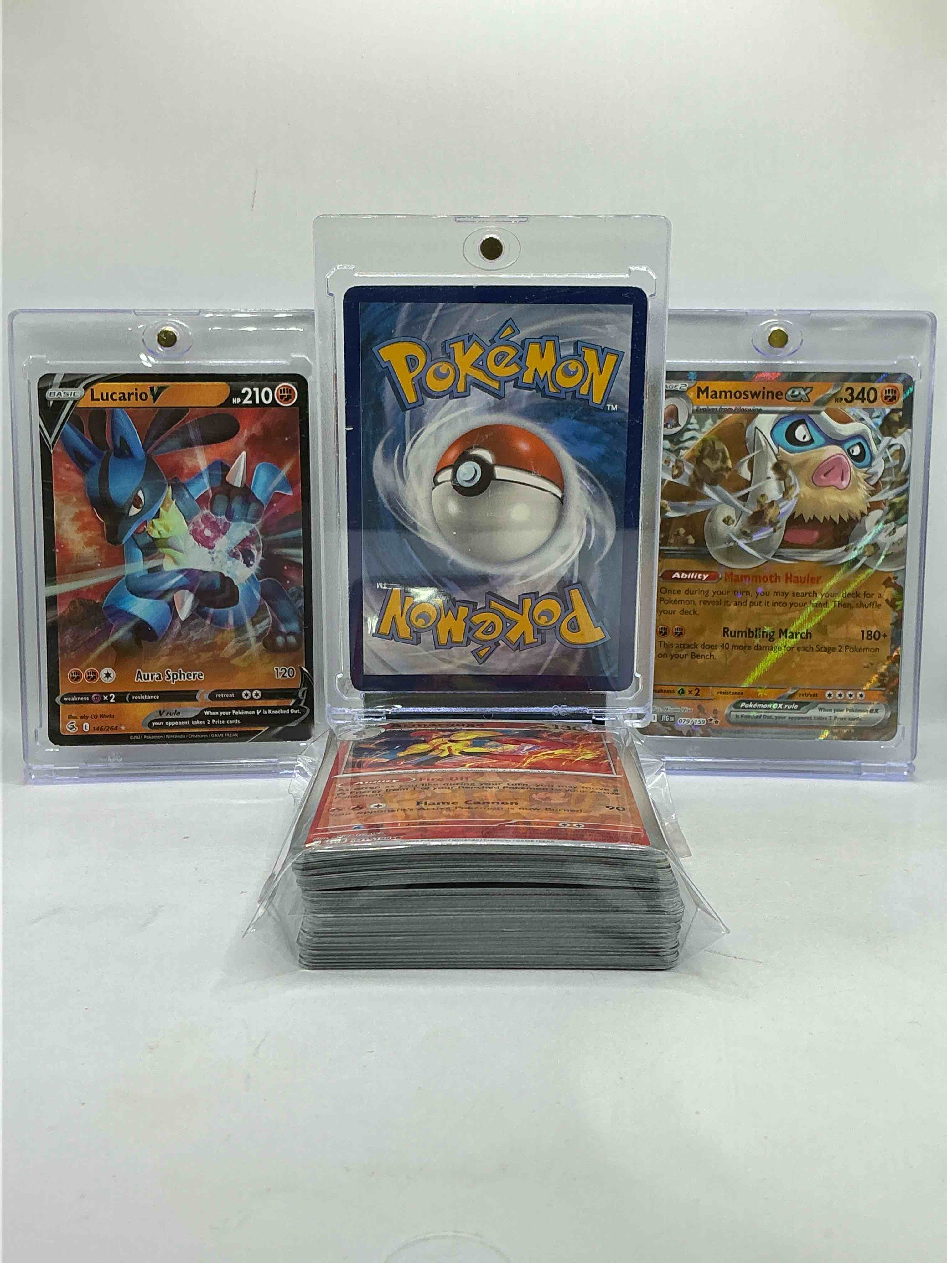 Condition photo showing New/Like New for Pikachu v, Lucario V & Mamoswine EX & More! Insane Trio! This 50 Card Lot Includes Commons, Legends, Heroes & More! Pokemon Palooza!