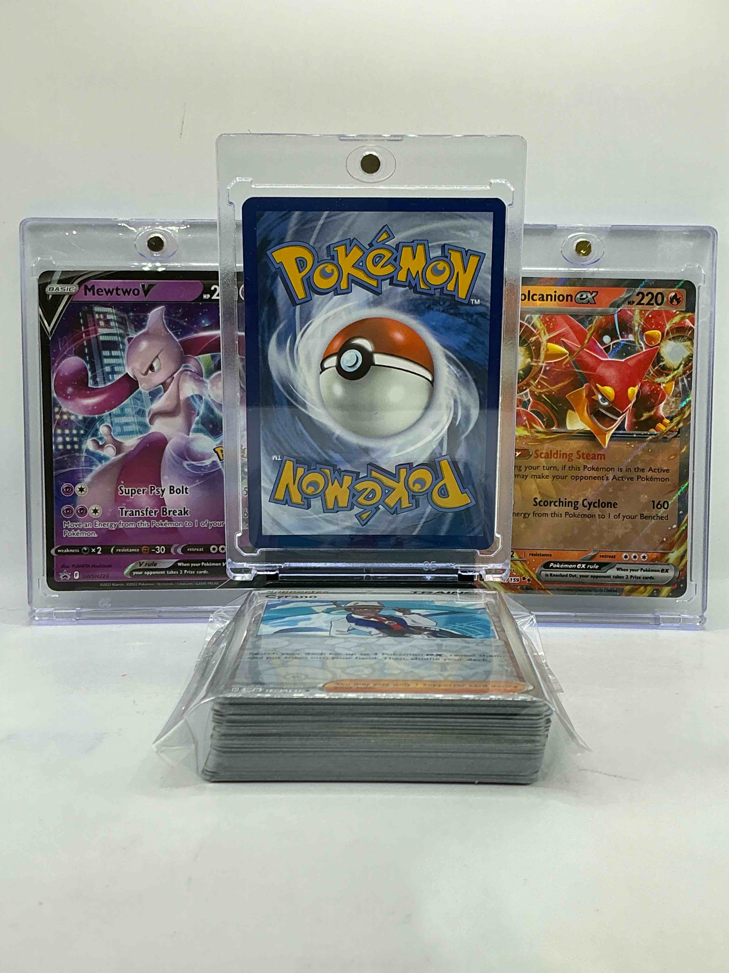 Condition photo showing New/Like New for Mewtwo V, Pikachu V & Volcanion EX HOLOS! INSANE Trio, This 50 Card Lot Includes Commons, Legends, Heroes & More!