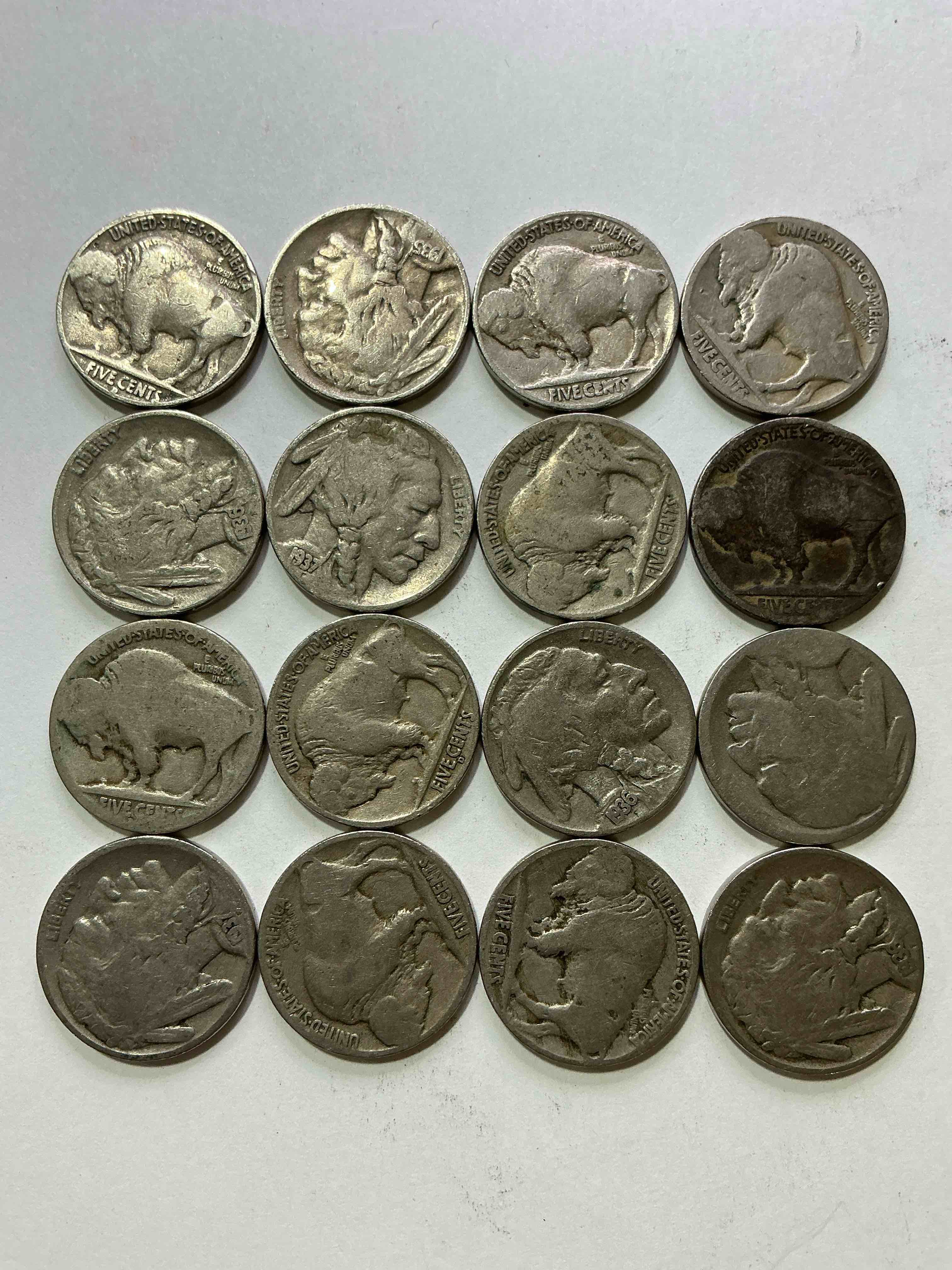 Condition photo showing Good Condition for Historic Buffalo Nickels! Indian Head Buffalo Nickels Were Minted From 1913 To 1938 & Have Become A Favorite For Coin Collectors Around The World! Own Pieces Of American History With These Cool Indian Head Buffalo Nickels In Circulated Condition, Most With Visible Dates Which Is Very Rare For Buffalo Nickels!