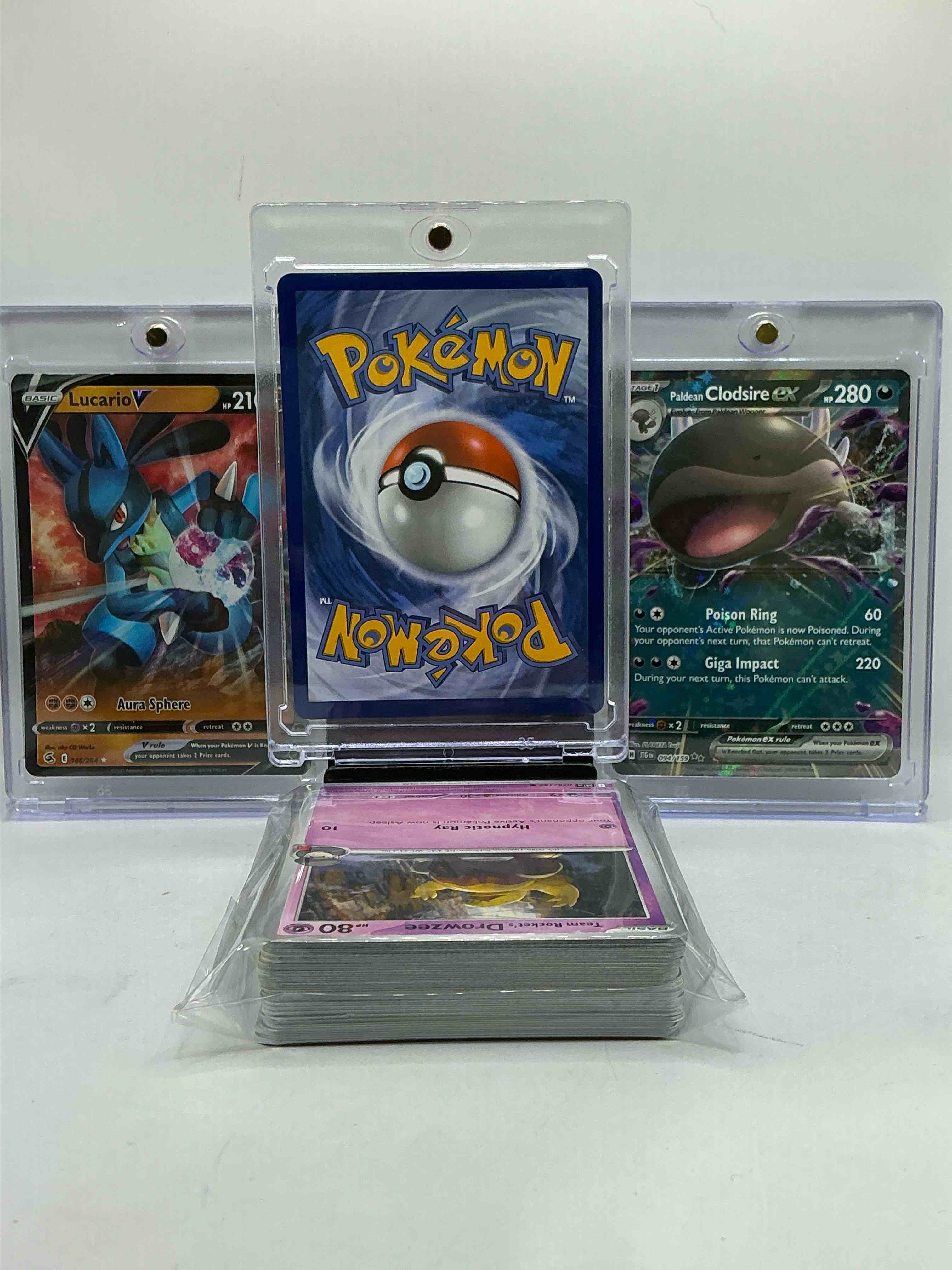 Condition photo showing New/Like New for Mega Charizard X EX, Clodsire EX, Lucario V & More! Pokémon Party! Insane Trio, This 50 Card Lot Includes Commons, Legends, Heroes & More!