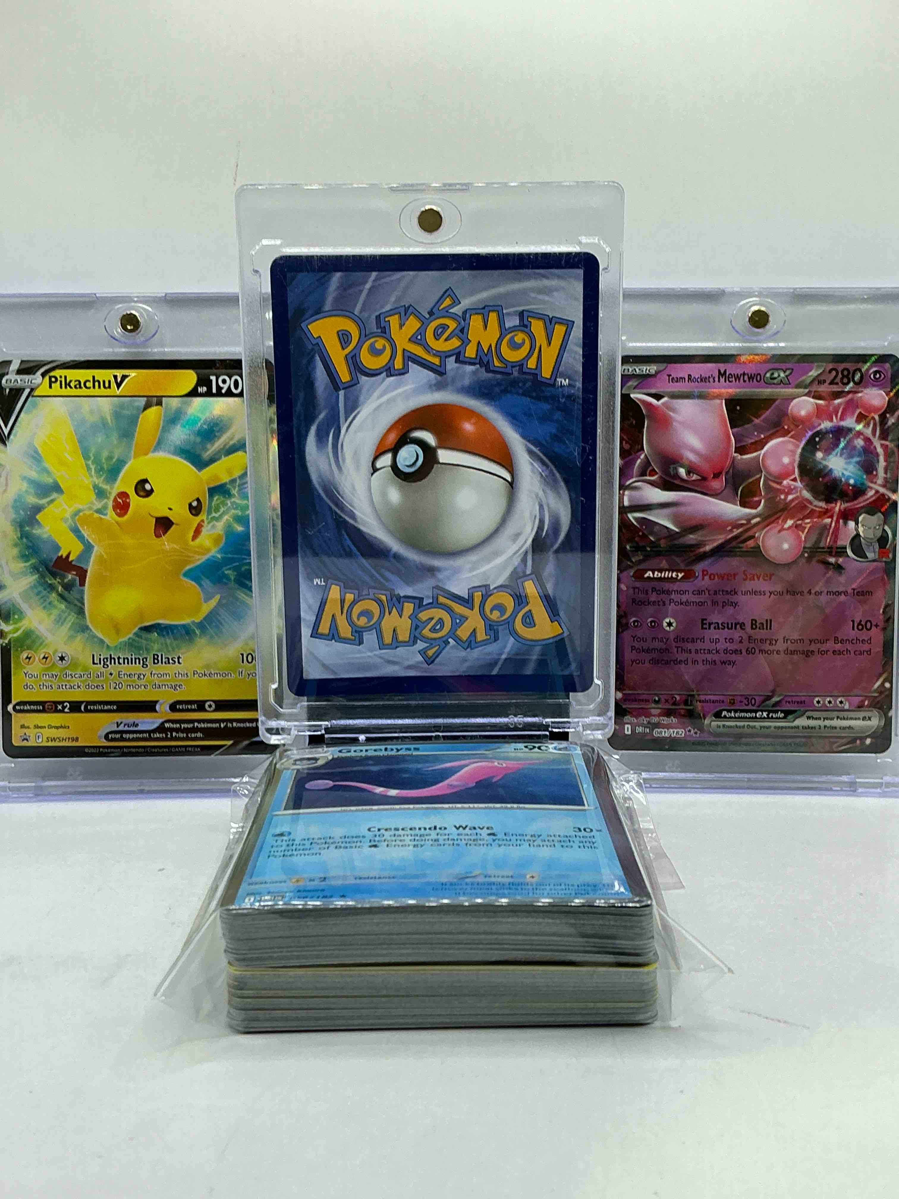 Condition photo showing New/Like New for Mega Charizard X EX, Pikachu V Holo, Mewtwo EX Holo! WOW! Insane Trio! Pokémon Party! Holos, Legends, Commons & More, All Included In This 50 Card Lot!