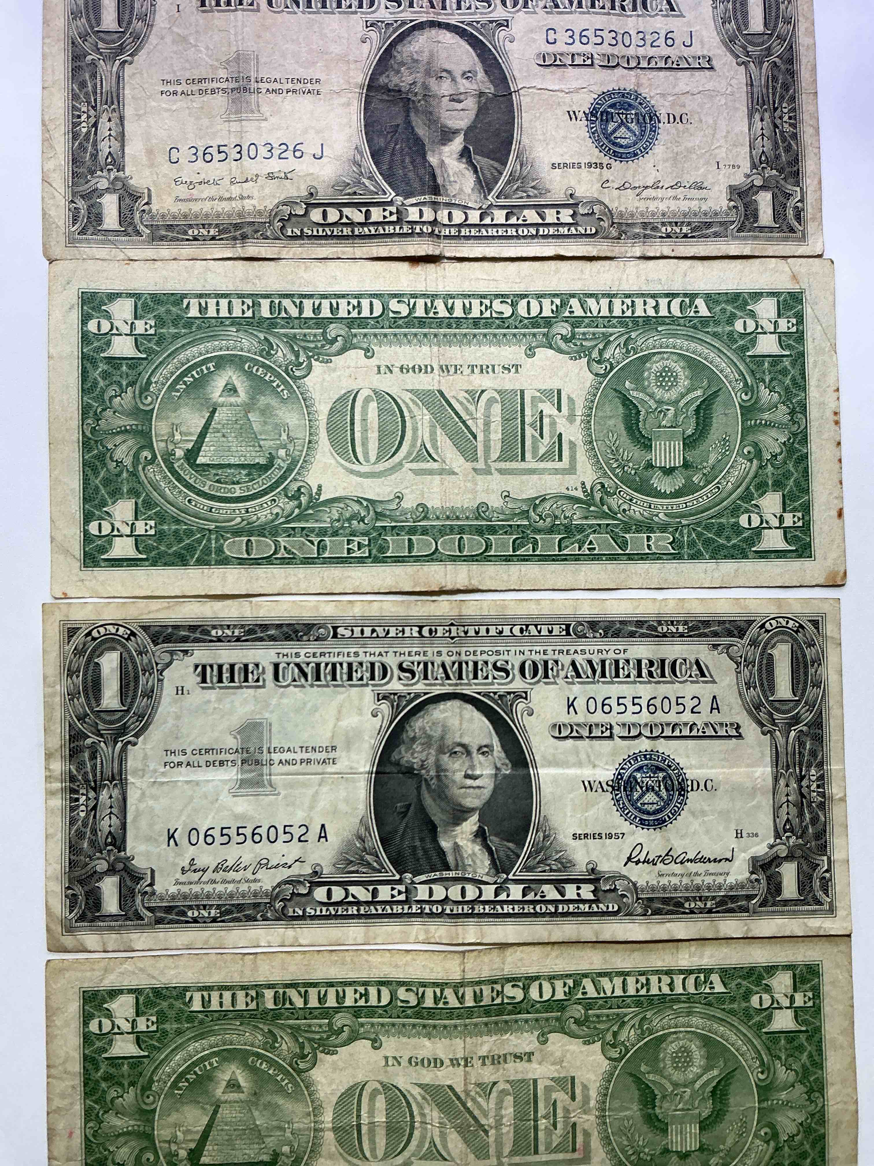Condition photo showing Good Condition for 1957 & 1935 Silver Certificates! Did You Know That Prior To 1964 One Dollar U.S. Paper Money Was Actually Redeemable For Silver Dollars?! Wow How Times Have Changed! Silver Certificates Were Produced From 1878 To 1964 & Are Still Considered Legal Tender At Face Value. Here Are Gorgeous, Circulated 1935 & 1957 U.S. One Dollar Silver Certificate, With Highly Collectible "Blue Seal!* Own An Awesome Piece Of History!