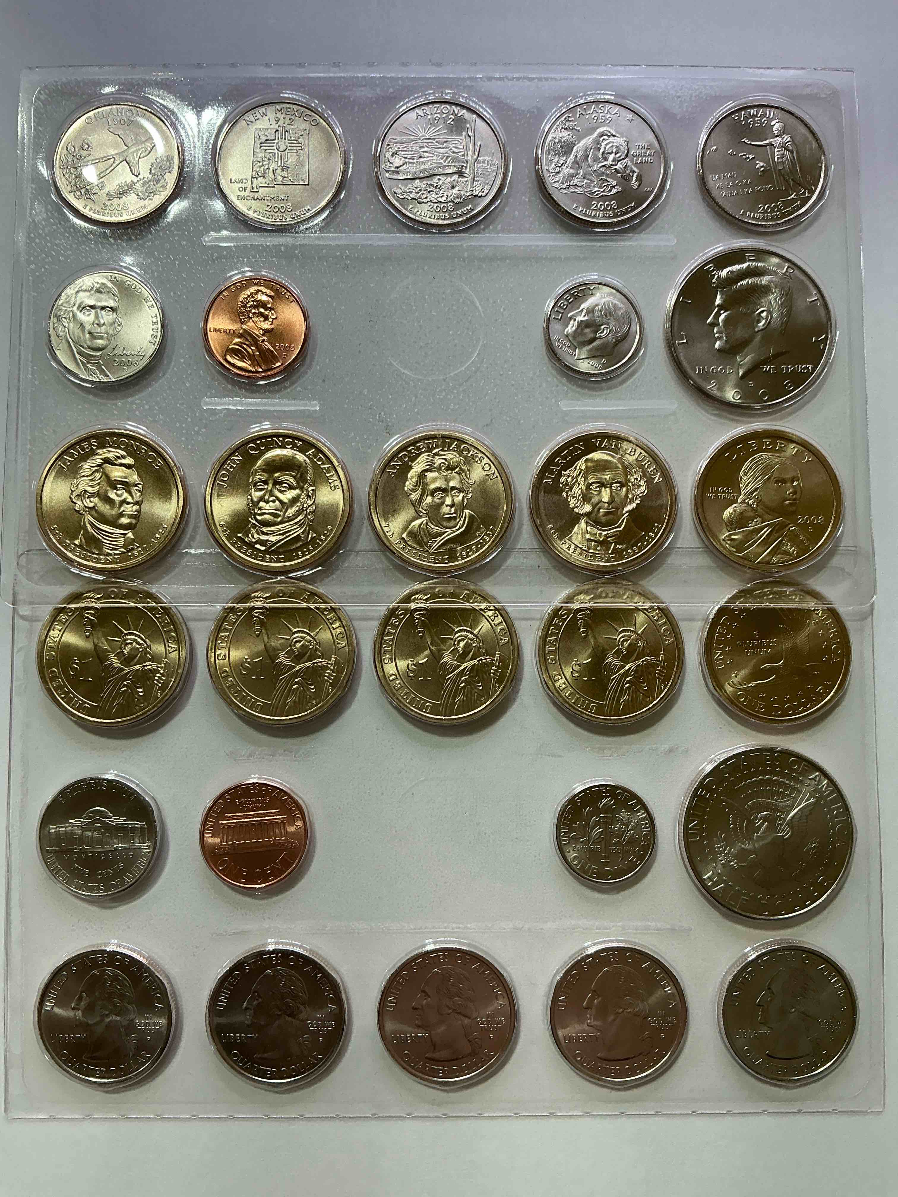 Crazy Uncirculated 2008 Mint Set! 28 Coin Lot, Including President Dollar Coins, Half Dollars, State Quarters, Dimes, Nickels & Pennies! Insane Mint Set!