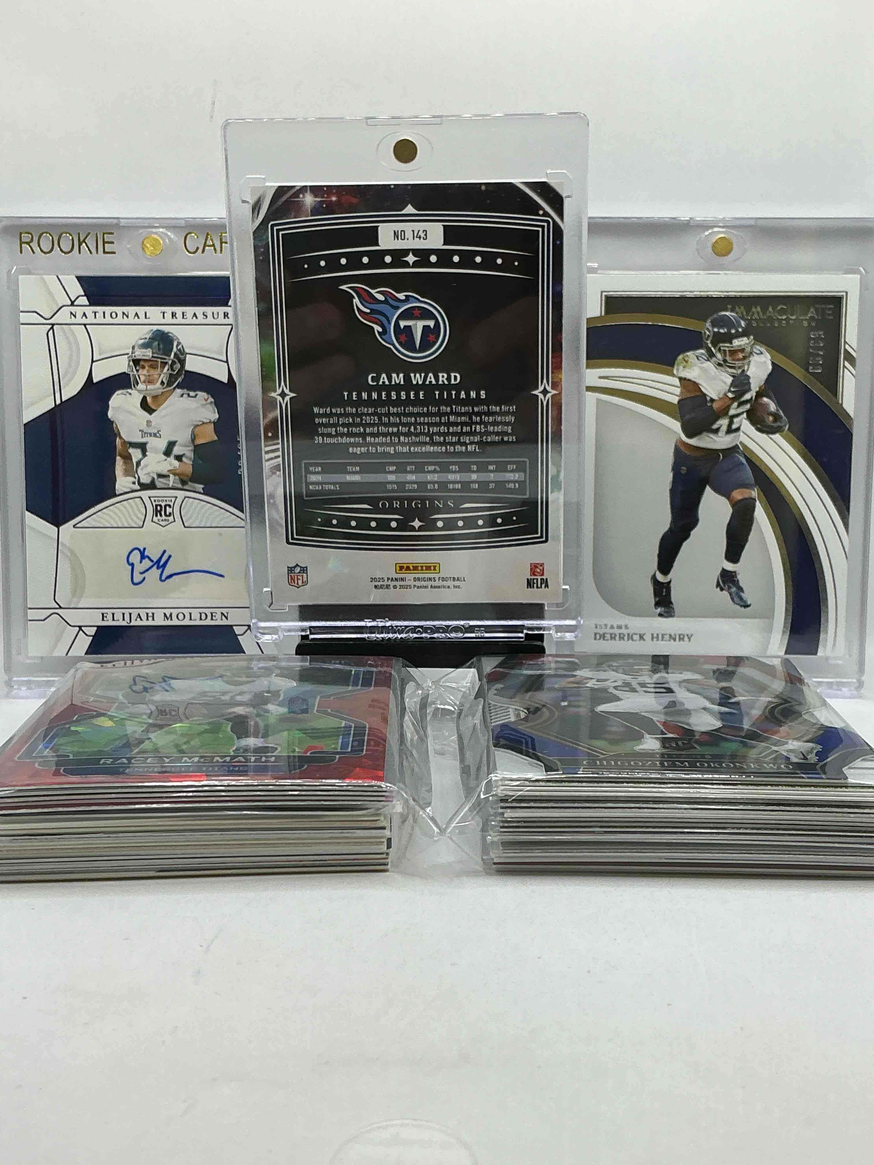 Condition photo showing New/Like New for Titans Fans! Cam Ward Origins Rookie Card, Derrick Henry /99 & Elijah Molden National Treasures Signed Rookie Card /35 & More! WOW! Titans, Legends, Rookie, Auto, Vintage & New! WOW! Nashville Insanity!
