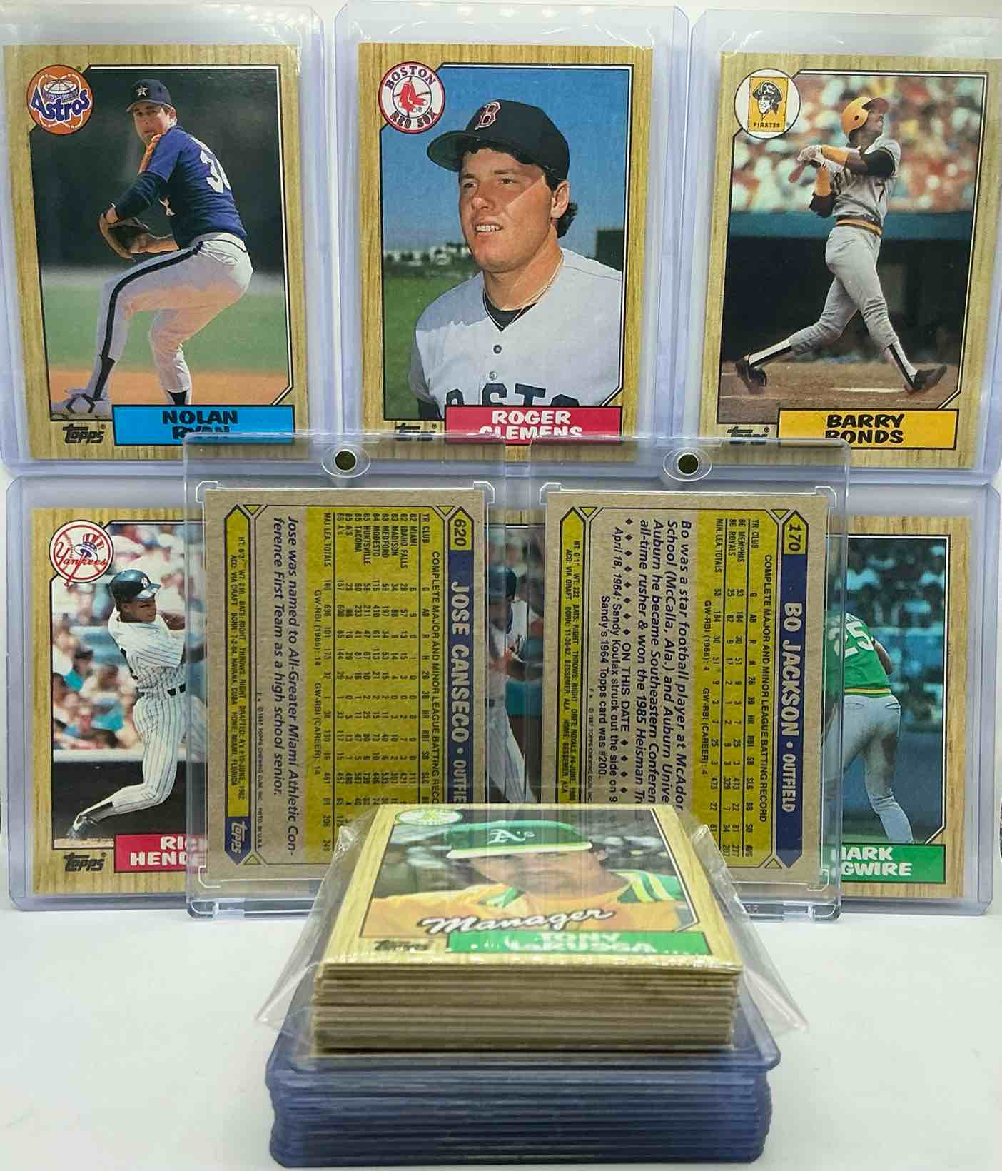 Condition photo showing New/Like New for Jose Canseco, Bo Jackson & Barry Bonds Rookies! 1987 Topps Baseball 50 Card Craziness! Bo Jackson, Barry Bonds, Kirby Puckett, Tom Glavine, Rickey Henderson, Don Mattingly, Cal Ripken, Wade Boggs, Doc Gooden, Fernando Valenzuela, Nolan Ryan, Roger Clemens, George Brett, Tony Gwynn & More! The BEST Players From The Time! Super Rare Set With All Of These Stars! 50 Card Craziness! Legends, Heroes & Commons!