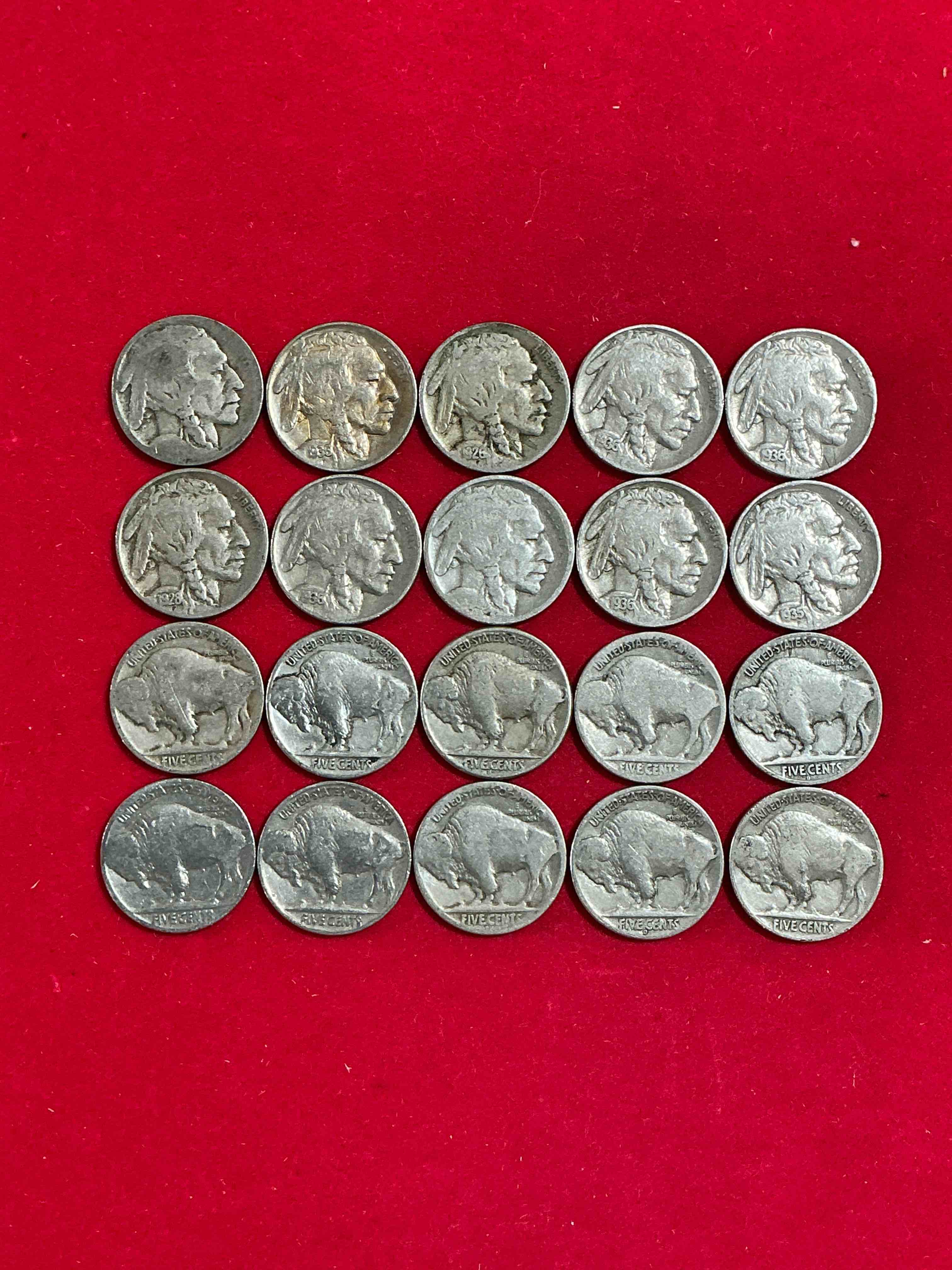 Condition photo showing Good Condition for Historic Buffalo Nickels! Indian Head Buffalo Nickels Were Minted From 1913 To 1938 & Have Become A Favorite For Coin Collectors Around The World! Own Pieces Of American History With These Cool Indian Head Buffalo Nickels In Circulated Condition, Most With Visible Dates Which Is Very Rare For Buffalo Nickels!