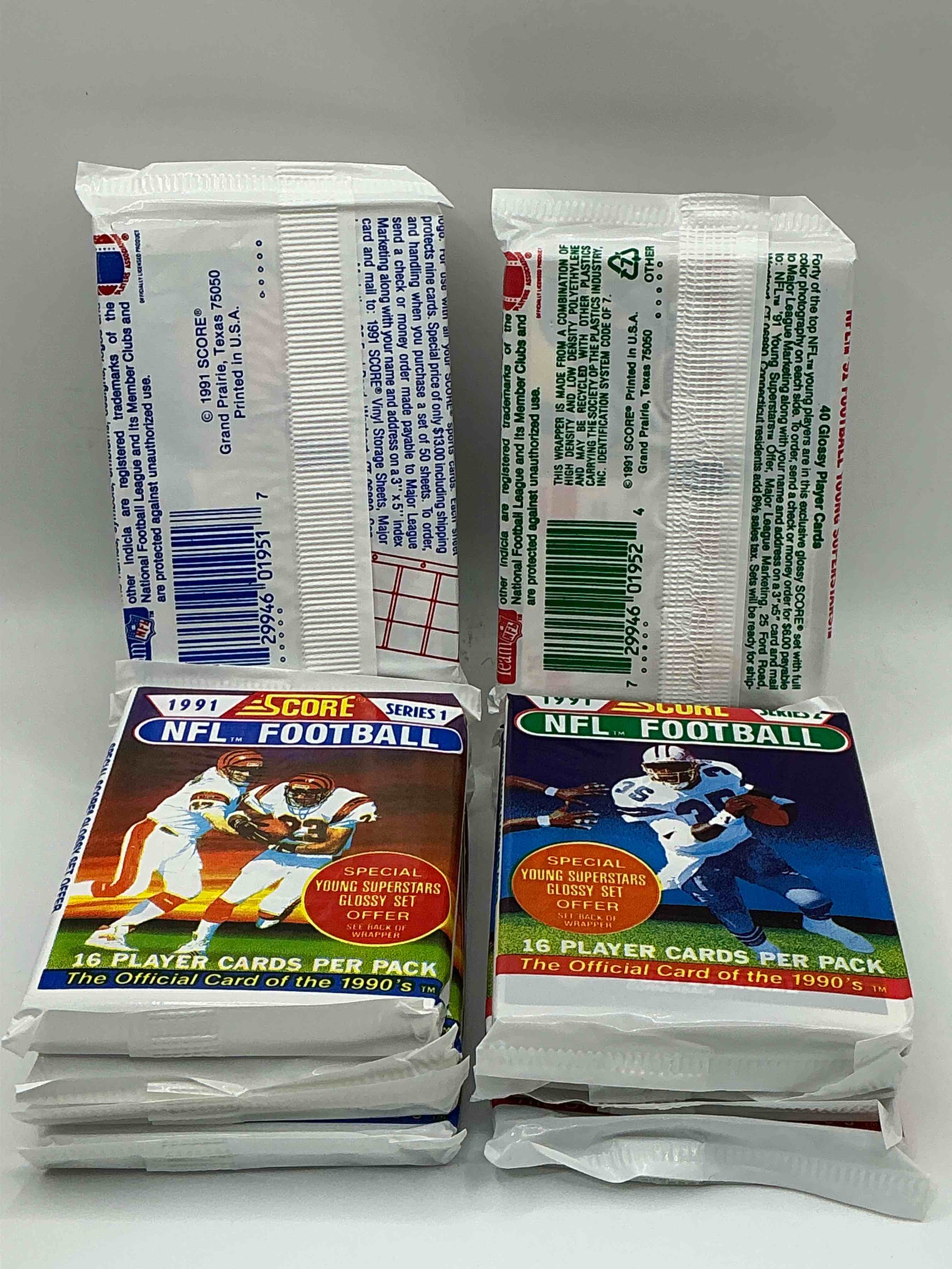 Condition photo showing New/Like New for 1991 NFL Score Football Sealed Card Packs Series I & II, Direct From Original Retail Case! These Cards Are Sought After By Collectors For Their Awesome, Nostalgic Look. Search For Brett Favre Rookie, Early Jerry Rice, Early Emmit Smith, Joe Montana & So Much More!