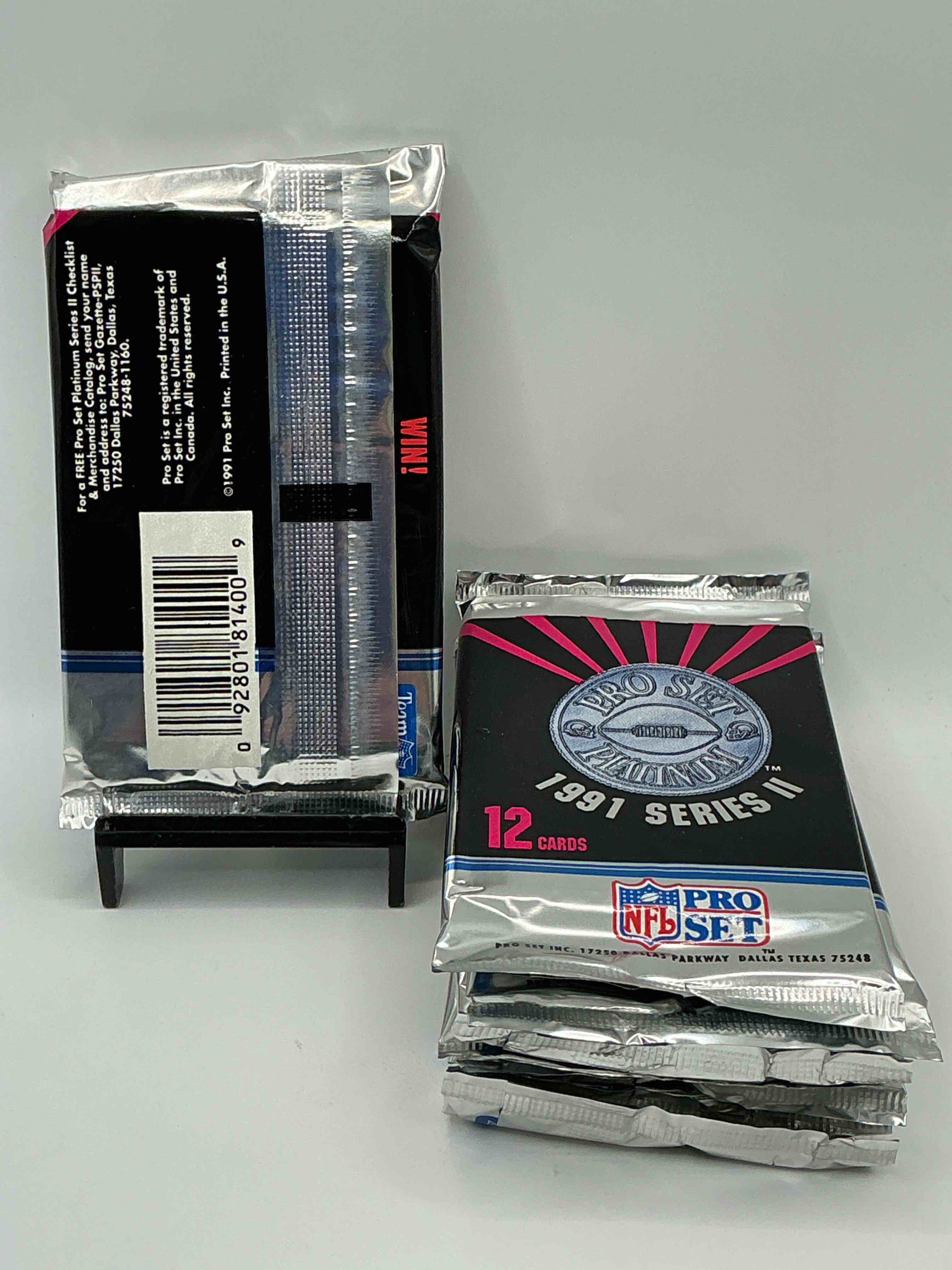 Condition photo showing New/Like New for 1991 Pro Set Platinum Edition Series II Unopened Packs! Search For Brett Favre Rookie & Bill Belichick Coach Rookie Card As Well As Santa Claus Card!